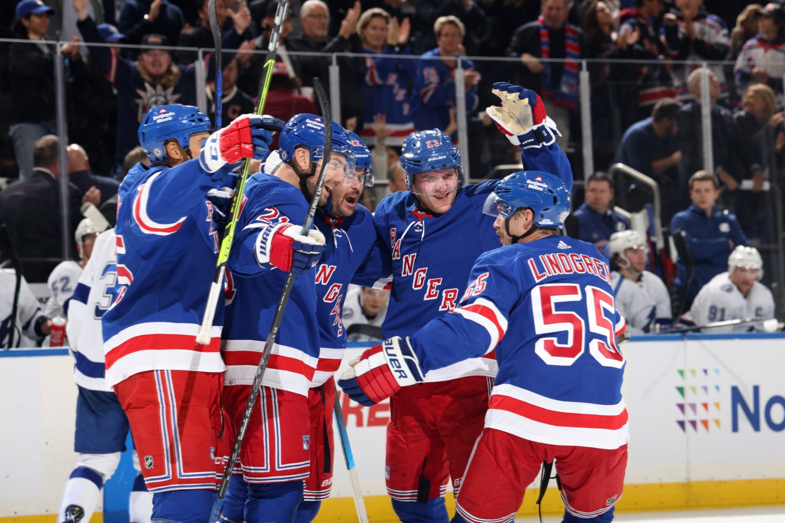 NEW YORK, NEW YORK - OCTOBER 11: Barclay Goodrow #21 of the New York Rangers celebrates with teammates after scoring a goal in the third period against the Tampa Bay Lightning at Madison Square Garden on October 11, 2022 in New York City. (Photo by Jared Silber/NHLI via Getty Images) NEW YORK, NEW YORK - OCTOBER 11: Barclay Goodrow #21 of the New York Rangers celebrates with teammates after scoring a goal in the third period against the Tampa Bay Lightning at Madison Square Garden on October 11, 2022 in New York City. (Photo by Jared Silber/NHLI via Getty Images)