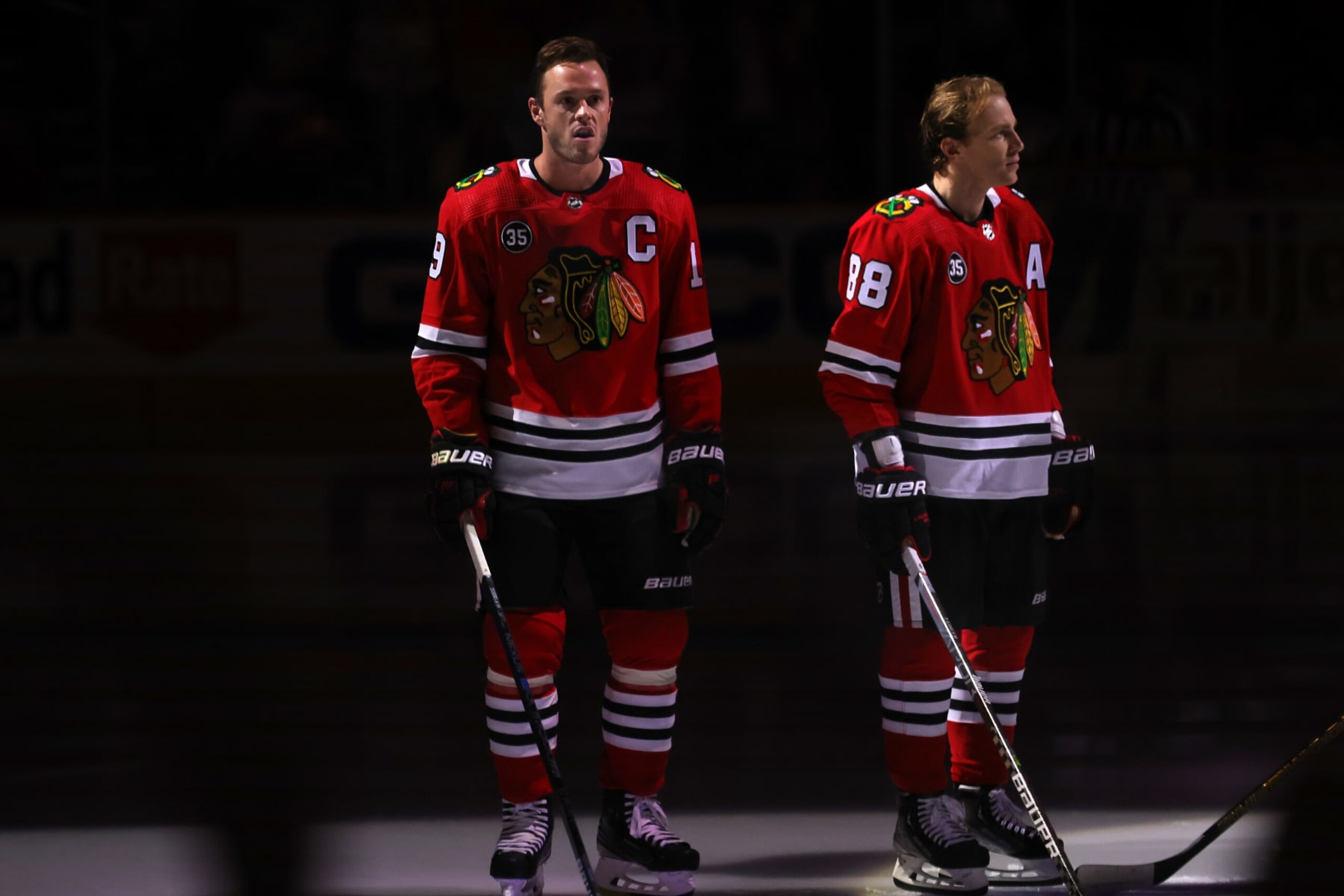 CHICAGO, IL - OCTOBER 19: Chicago Blackhawks center Jonathan Toews (19) and right wing Patrick Kane (88) are introduced prior to a game between the Chicago Blackhawks and the New York Islanders on October 19, 2021 at the United Center in Chicago, IL. (Photo by Robin Alam/Icon Sportswire via Getty Images) CHICAGO, IL - OCTOBER 19: Chicago Blackhawks center Jonathan Toews (19) and right wing Patrick Kane (88) are introduced prior to a game between the Chicago Blackhawks and the New York Islanders on October 19, 2021 at the United Center in Chicago, IL. (Photo by Robin Alam/Icon Sportswire via Getty Images)