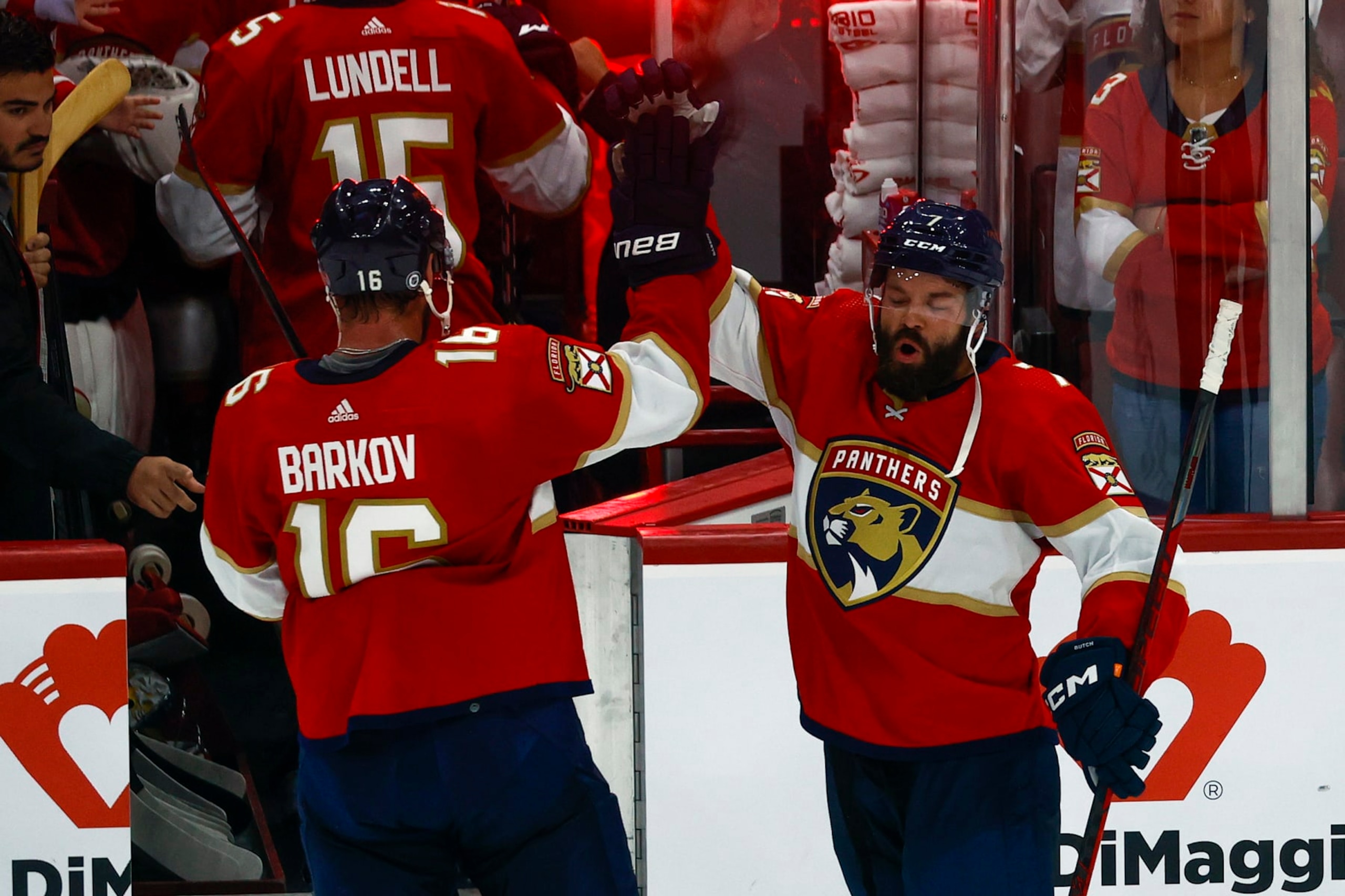 SUNRISE, FL - OCTOBER 6: Aleksander Barkov #16 and Radko Gudas #7 of the Florida Panthers celebrate the 3-2 win against the Tampa Bay Lightning in a preseason game at the FLA Live Arena on October 6, 2022 in Sunrise, Florida. (Photo by Joel Auerbach/Getty Images) SUNRISE, FL - OCTOBER 6: Aleksander Barkov #16 and Radko Gudas #7 of the Florida Panthers celebrate the 3-2 win against the Tampa Bay Lightning in a preseason game at the FLA Live Arena on October 6, 2022 in Sunrise, Florida. (Photo by Joel Auerbach/Getty Images)