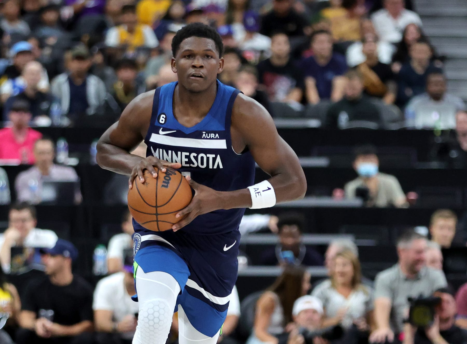 LAS VEGAS, NEVADA - OCTOBER 06: Anthony Edwards #1 of the Minnesota Timberwolves brings the ball up the court against the Los Angeles Lakers in the first quarter of their preseason game at T-Mobile Arena on October 06, 2022 in Las Vegas, Nevada. The Timberwolves defeated the Lakers 114-99. NOTE TO USER: User expressly acknowledges and agrees that, by downloading and or using this photograph, User is consenting to the terms and conditions of the Getty Images License Agreement. (Photo by Ethan Miller/Getty Images)