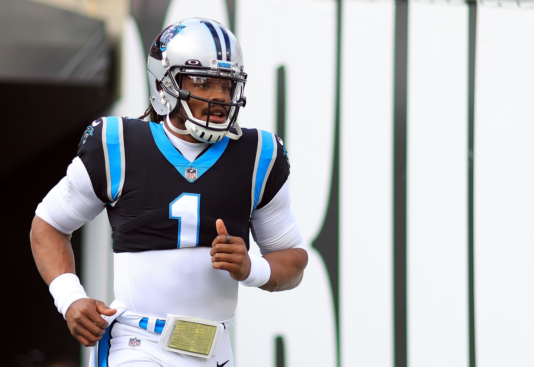 TAMPA, FLORIDA - JANUARY 09: Cam Newton #1 of the Carolina Panthers warms up prior to a game against the Tampa Bay Buccaneers at Raymond James Stadium on January 09, 2022 in Tampa, Florida. (Photo by Mike Ehrmann/Getty Images)