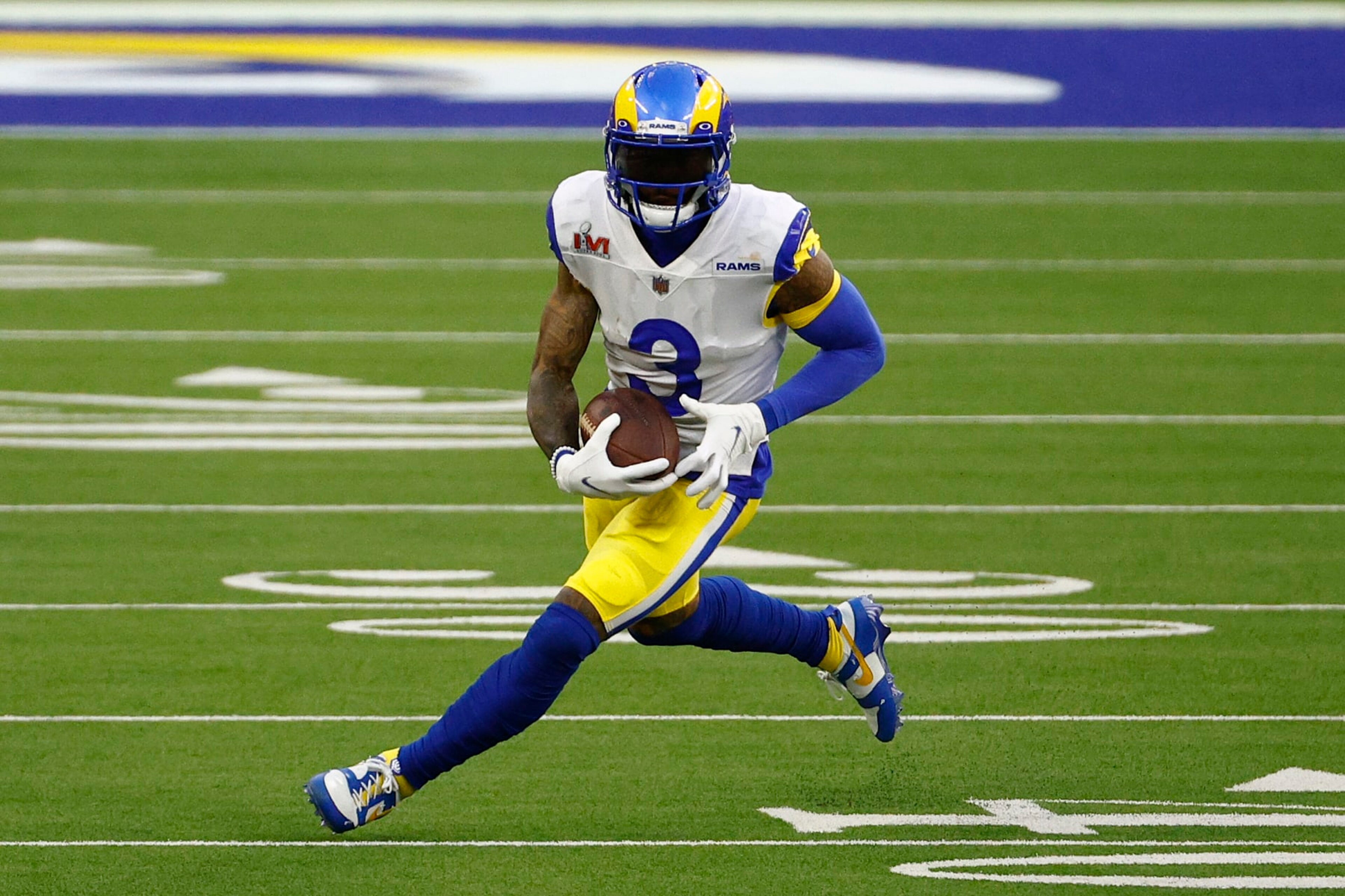 INGLEWOOD, CALIFORNIA - FEBRUARY 13: Odell Beckham Jr. #3 of the Los Angeles Rams runs with the ball during Super Bowl LVI at SoFi Stadium on February 13, 2022 in Inglewood, California. The Los Angeles Rams defeated the Cincinnati Bengals 23-20. (Photo by Ronald Martinez/Getty Images) INGLEWOOD, CALIFORNIA - FEBRUARY 13: Odell Beckham Jr. #3 of the Los Angeles Rams runs with the ball during Super Bowl LVI at SoFi Stadium on February 13, 2022 in Inglewood, California. The Los Angeles Rams defeated the Cincinnati Bengals 23-20. (Photo by Ronald Martinez/Getty Images)