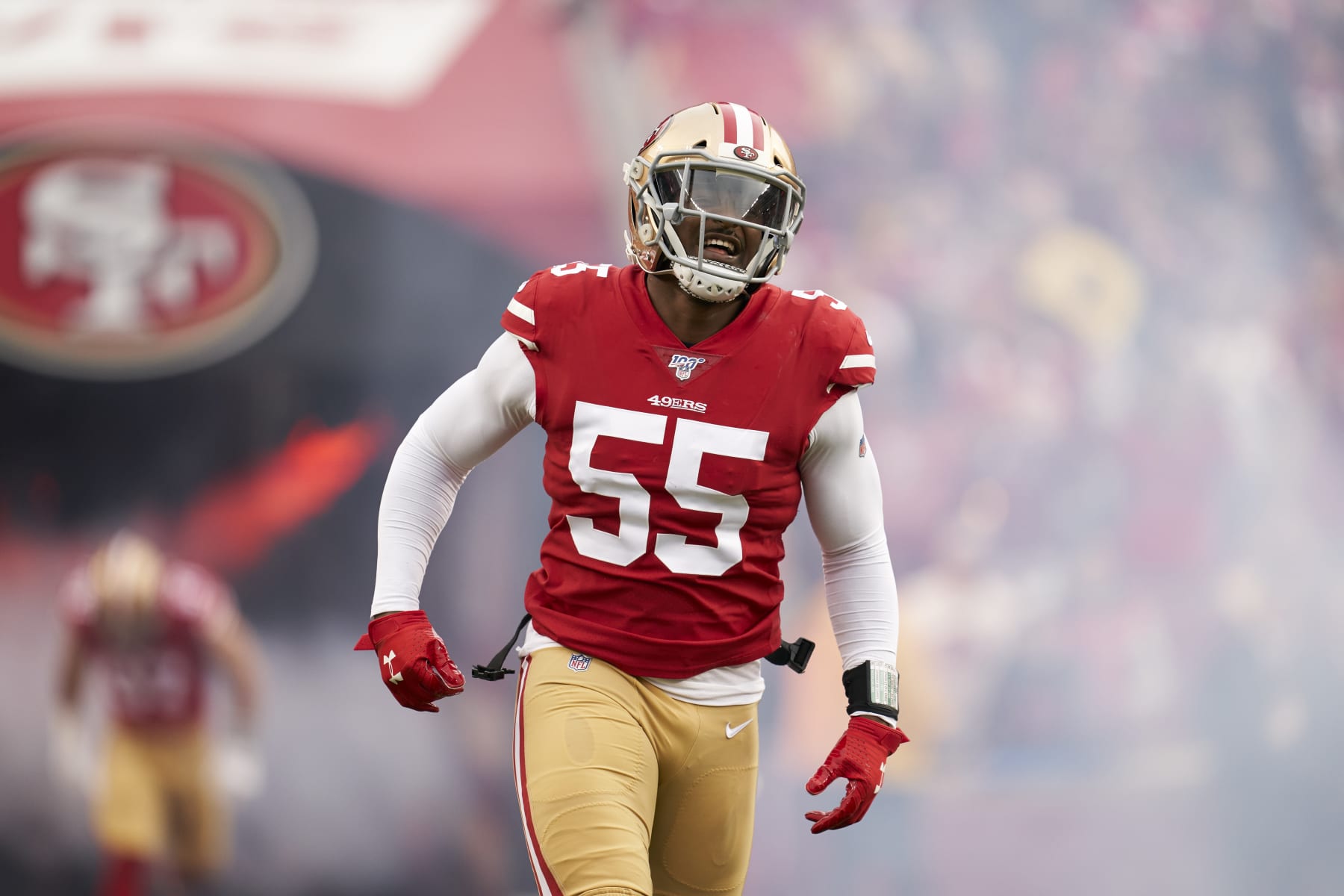 SANTA CLARA, CALIFORNIA - JANUARY 19: Dee Ford #55 of the San Francisco 49ers is introduced before the NFC Championship football game against the Green Bay Packers on January 19, 2020, in Santa Clara, California.  (Photo by Cooper Neill/Getty Images)