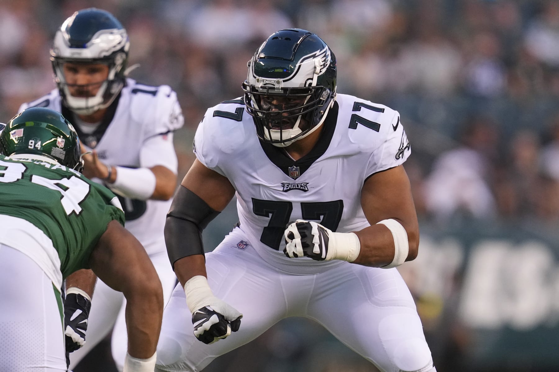 PHILADELPHIA, PA - AUGUST 12: Andre Dillard #77 of the Philadelphia Eagles in action against the New York Jets during the preseason game at Lincoln Financial Field on August 12, 2022 in Philadelphia, Pennsylvania. The Jets defeated the Eagles 24-21. (Photo by Mitchell Leff/Getty Images)