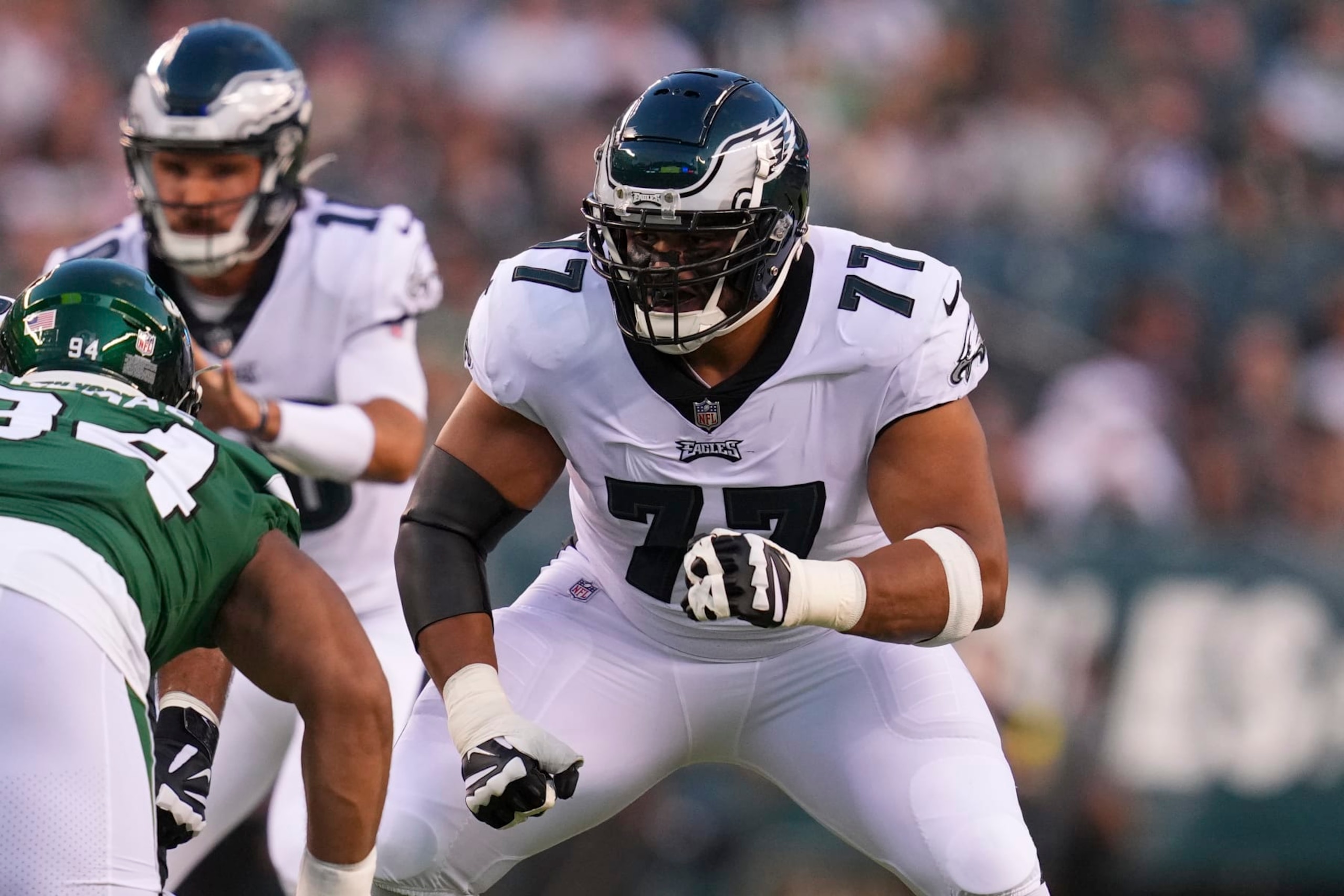PHILADELPHIA, PA - AUGUST 12: Andre Dillard #77 of the Philadelphia Eagles in action against the New York Jets during the preseason game at Lincoln Financial Field on August 12, 2022 in Philadelphia, Pennsylvania. The Jets defeated the Eagles 24-21. (Photo by Mitchell Leff/Getty Images)