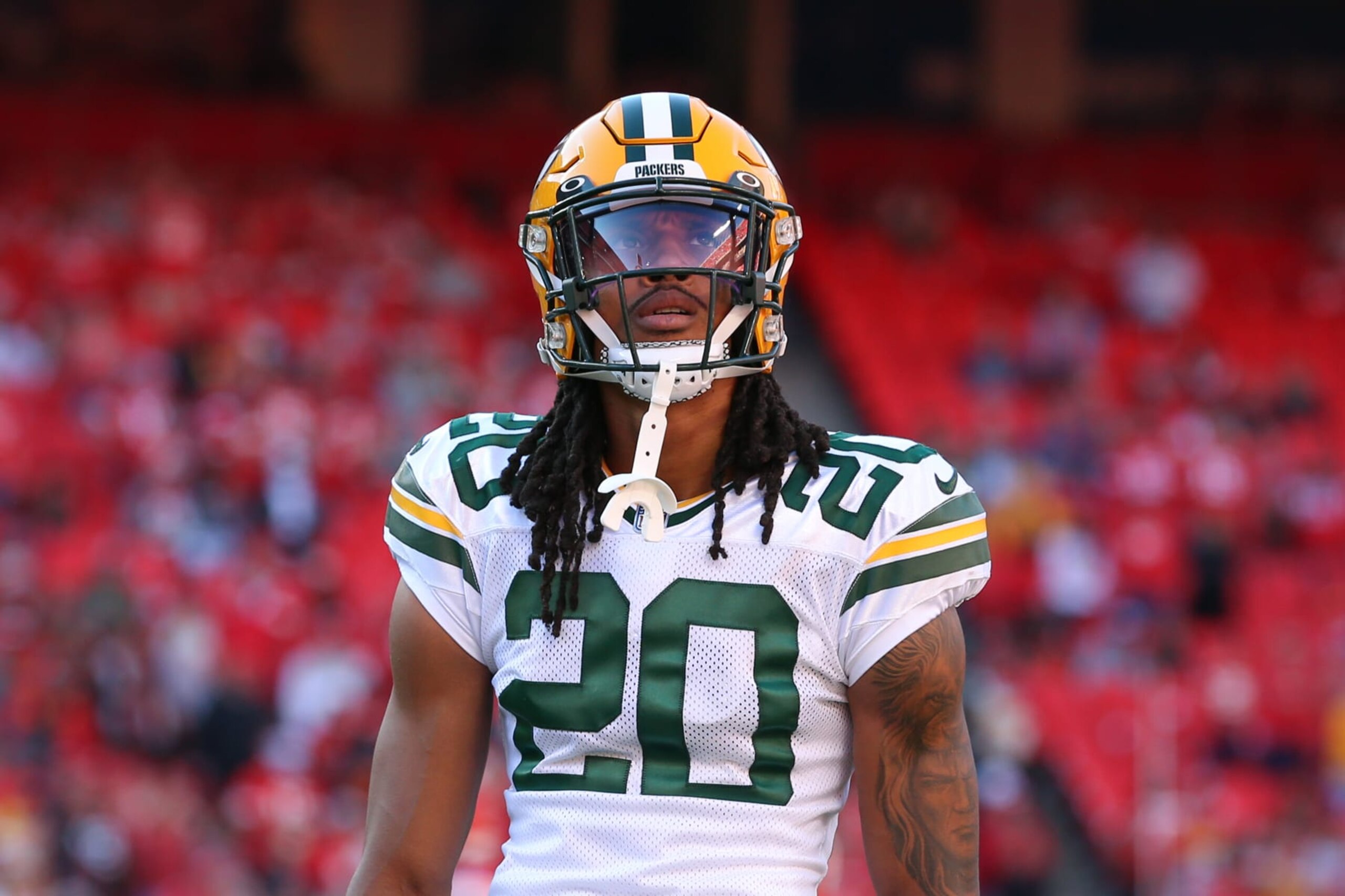 KANSAS CITY, MO - NOVEMBER 07: Green Bay Packers cornerback Kevin King (20) before an NFL game between the Green Bay Packers and Kansas City Chiefs on Nov 7, 2021 at GEHA Field at Arrowhead Stadium in Kansas City, MO. (Photo by Scott Winters/Icon Sportswire via Getty Images)