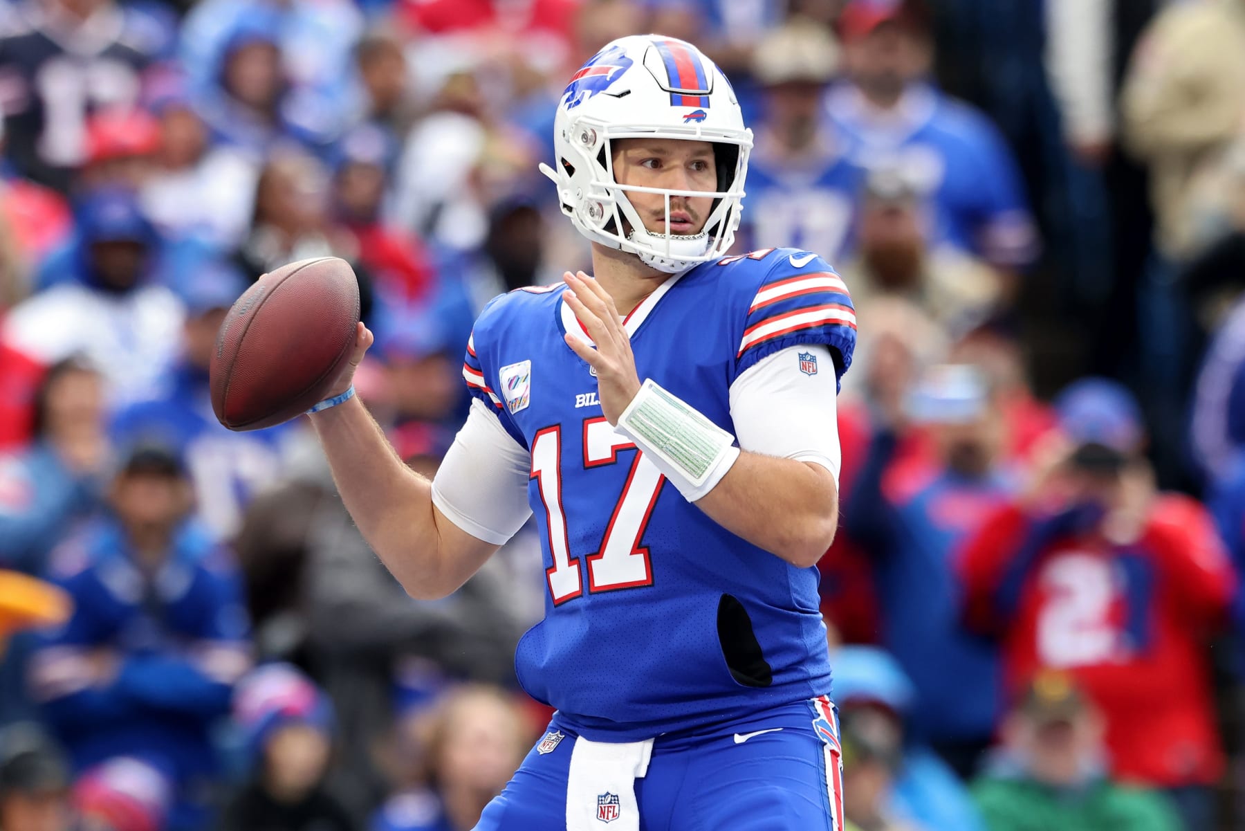 ORCHARD PARK, NEW YORK - OCTOBER 09: Josh Allen #17 of the Buffalo Bills looks to pass against the Pittsburgh Steelers at Highmark Stadium on October 09, 2022 in Orchard Park, New York. (Photo by Bryan M. Bennett/Getty Images)