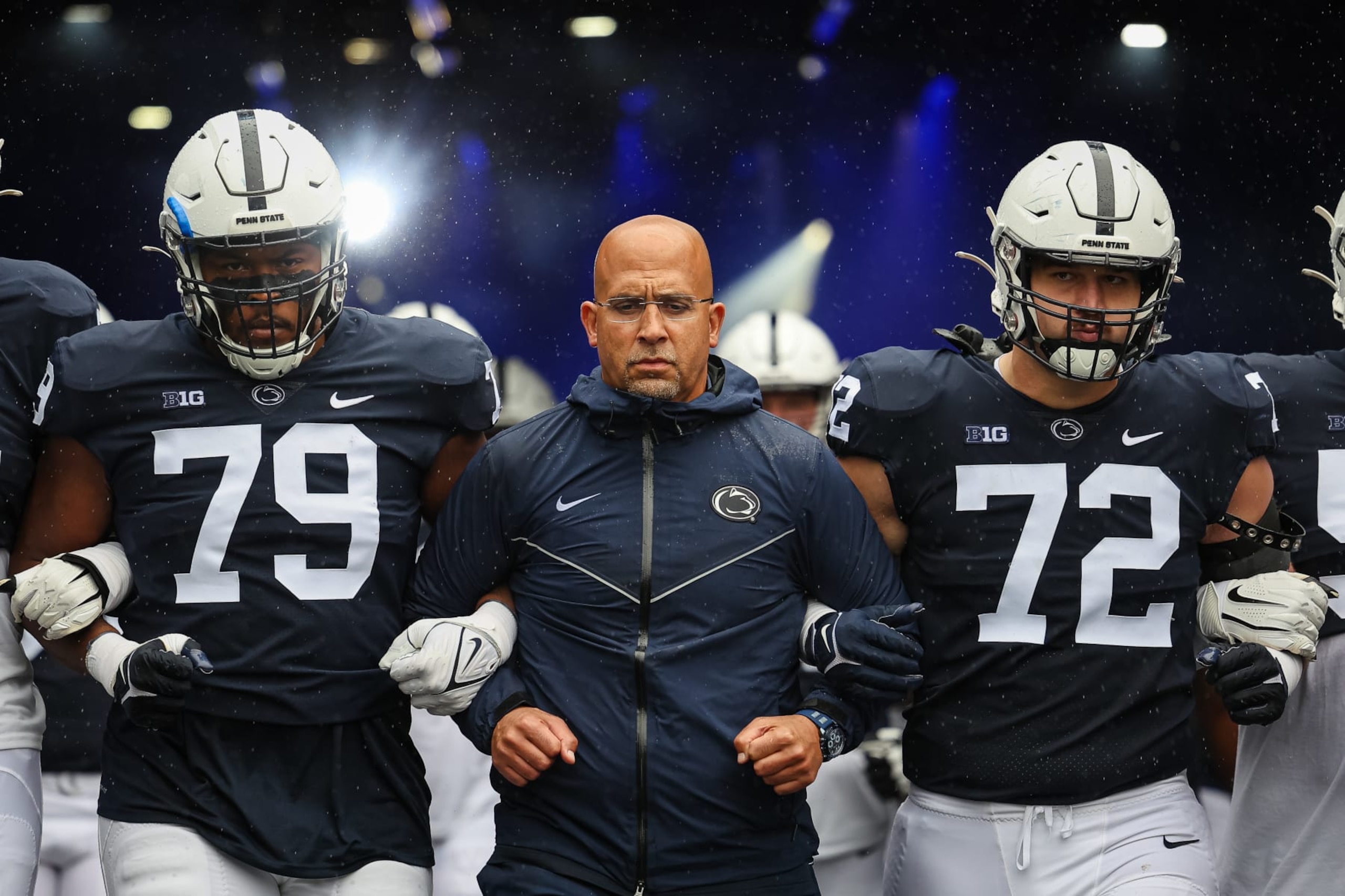 STATE COLLEGE, PA - OCTOBER 01: Head coach James Franklin of the Penn State Nittany Lions leads the team onto the field before the game against the Northwestern Wildcats at Beaver Stadium on October 1, 2022 in State College, Pennsylvania. (Photo by Scott Taetsch/Getty Images)