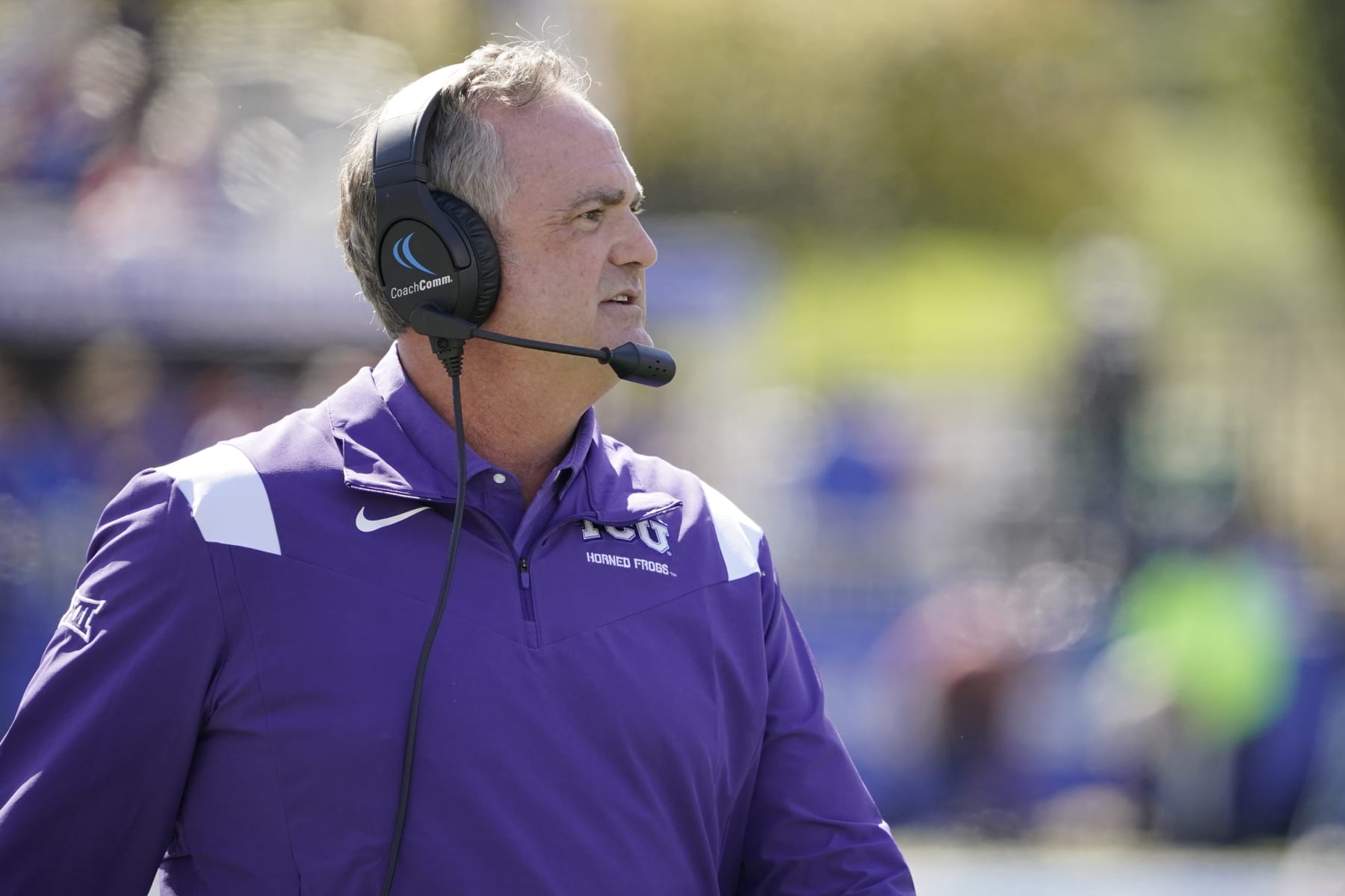 LAWRENCE, KANSAS - OCTOBER 08: Head coach Sonny Dykes of the TCU Horned Frogs watches his team against the Kansas Jayhawks in the second half at David Booth Kansas Memorial Stadium on October 08, 2022 in Lawrence, Kansas. (Photo by Ed Zurga/Getty Images)
