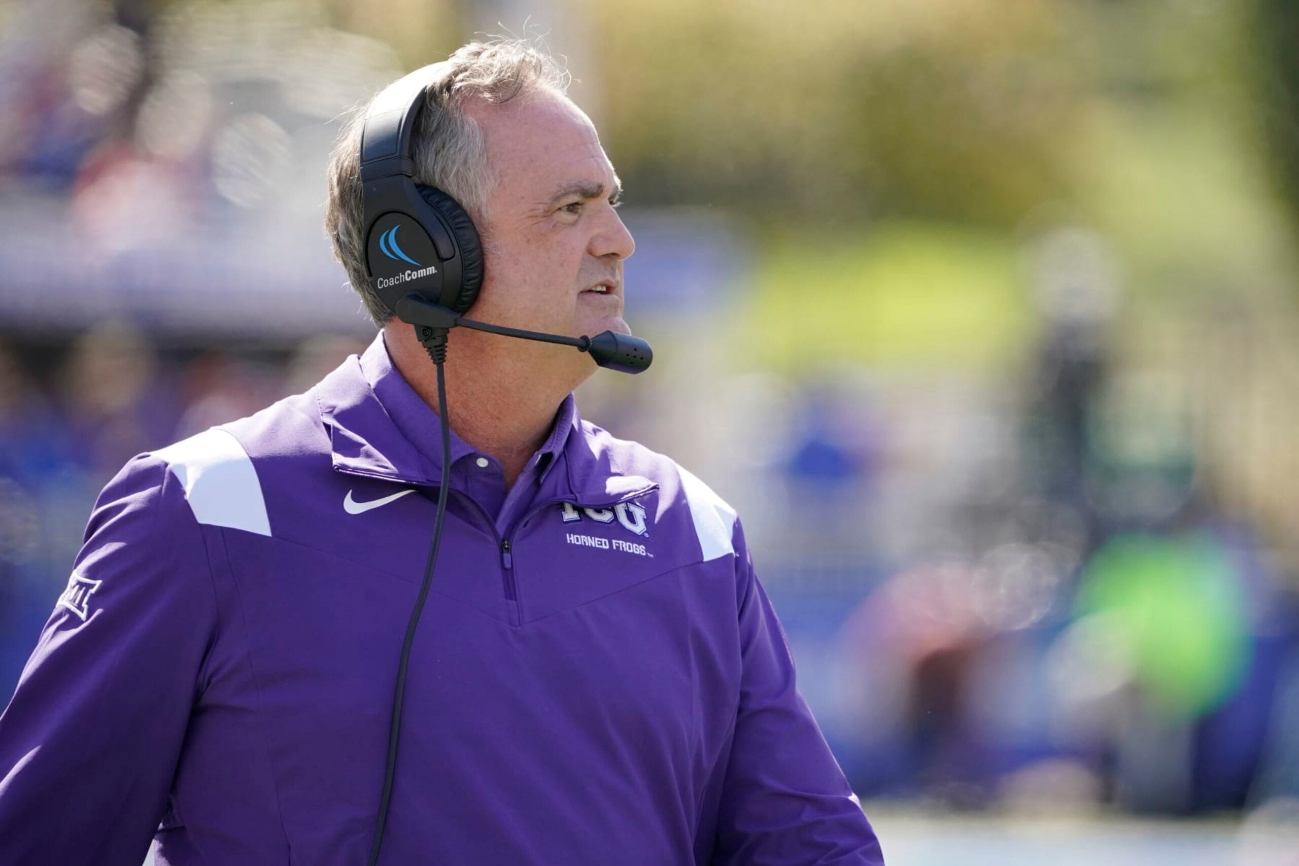 LAWRENCE, KANSAS - OCTOBER 08: Head coach Sonny Dykes of the TCU Horned Frogs watches his team against the Kansas Jayhawks in the second half at David Booth Kansas Memorial Stadium on October 08, 2022 in Lawrence, Kansas. (Photo by Ed Zurga/Getty Images)