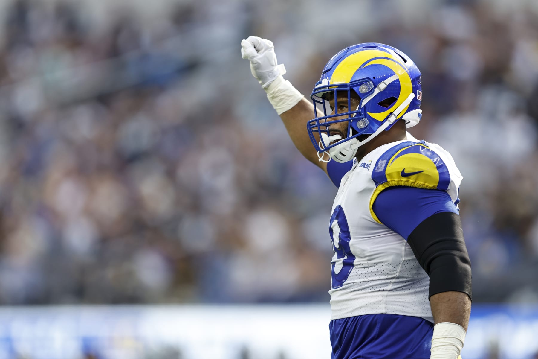 INGLEWOOD, CALIFORNIA - OCTOBER 09: Aaron Donald #99 of the Los Angeles Rams reacts during an NFL football game between the Los Angeles Rams and the Dallas Cowboys at SoFi Stadium on October 09, 2022 in Inglewood, California. (Photo by Michael Owens/Getty Images)