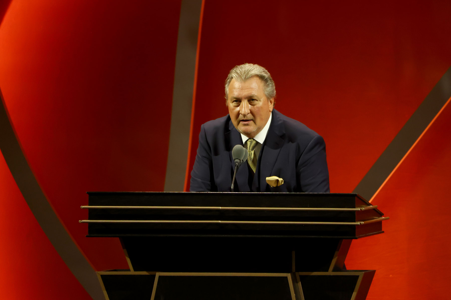 SPRINGFIELD, MA - SEPTEMBER 10: 2022 Hall of Fame Inductee Bob Huggins speaks to the audience during the 2022 Basketball Hall of Fame Enshrinement Ceremony on September 10, 2022 at Symphony Hall in Springfield, Massachusetts. NOTE TO USER: User expressly acknowledges and agrees that, by downloading and/or using this photograph, user is consenting to the terms and conditions of the Getty Images License Agreement. Mandatory Copyright Notice: Copyright 2022 NBAE (Photo by Nathaniel S. Butler/NBAE via Getty Images)