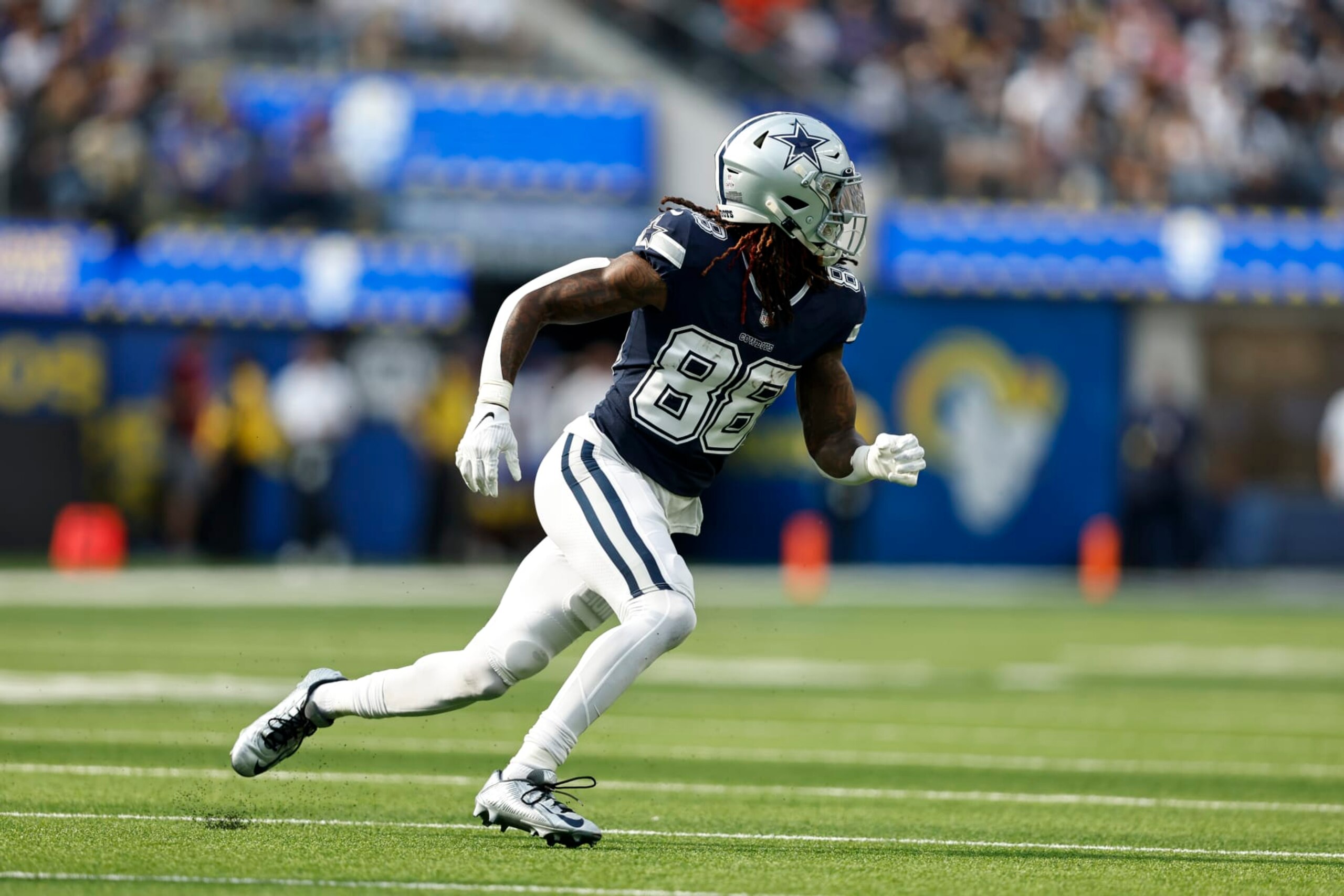 INGLEWOOD, CALIFORNIA - OCTOBER 09: CeeDee Lamb #88 of the Dallas Cowboys runs during an NFL football game between the Los Angeles Rams and the Dallas Cowboys at SoFi Stadium on October 09, 2022 in Inglewood, California. (Photo by Michael Owens/Getty Images)