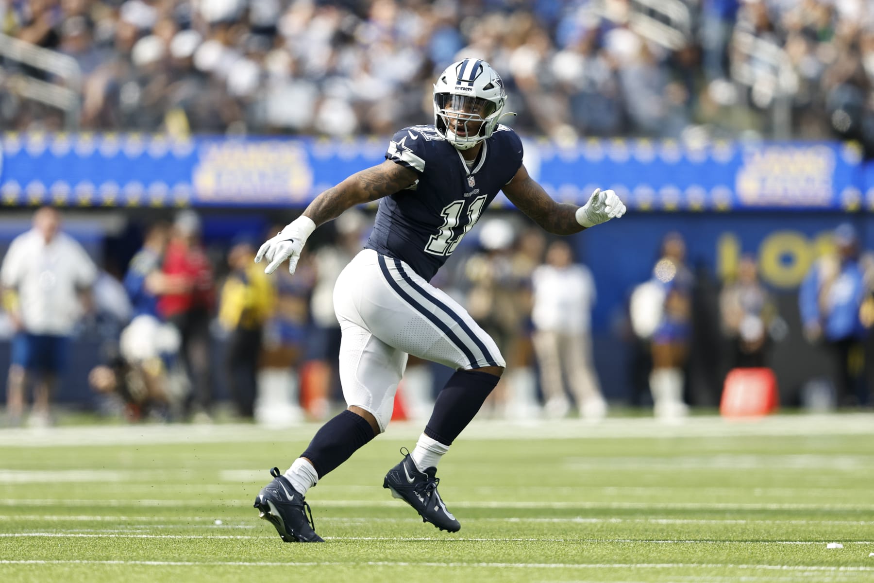 INGLEWOOD, CALIFORNIA - OCTOBER 09: Micah Parsons #11 of the Dallas Cowboys runs as he defends during an NFL football game between the Los Angeles Rams and the Dallas Cowboys at SoFi Stadium on October 09, 2022 in Inglewood, California. (Photo by Michael Owens/Getty Images)