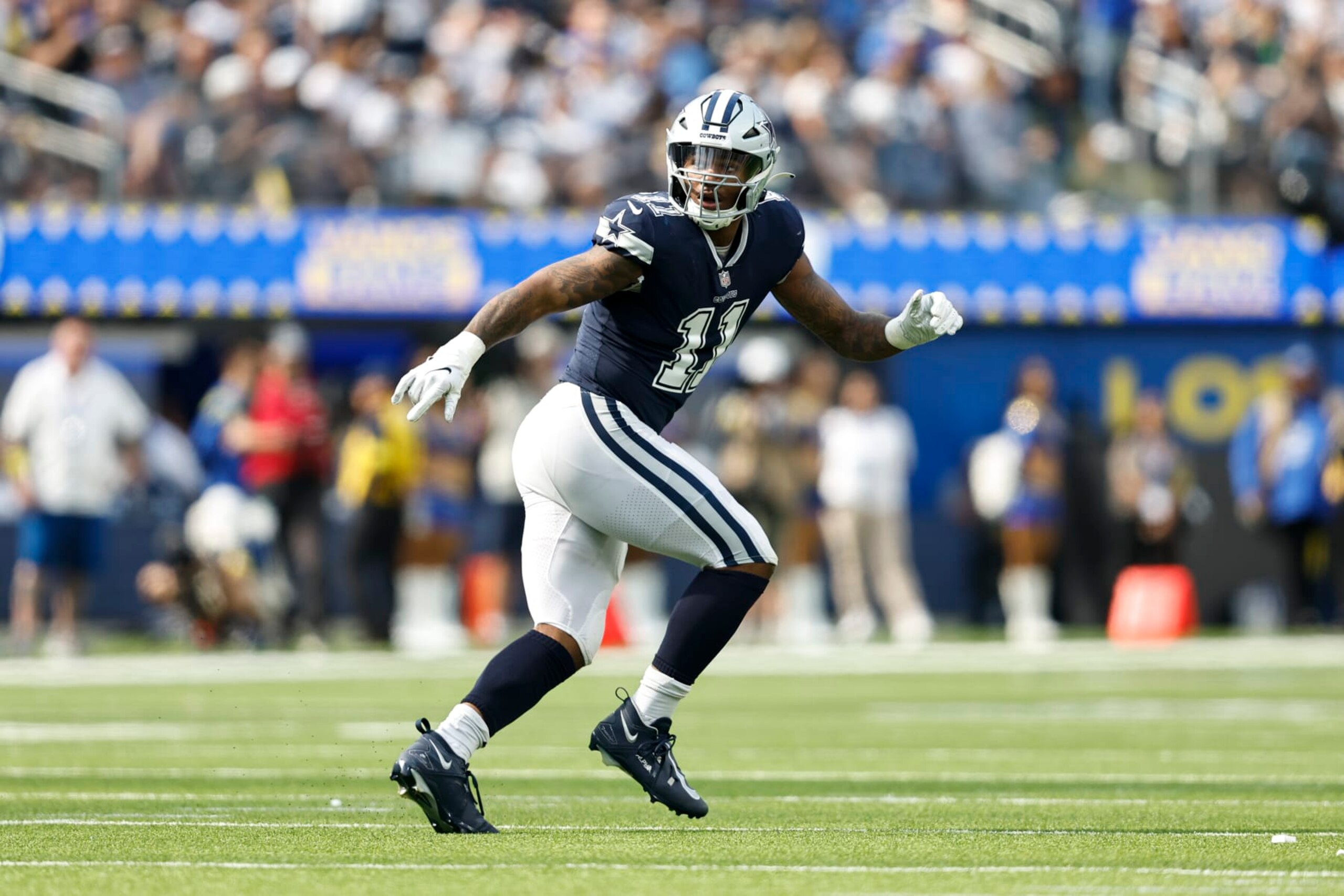 INGLEWOOD, CALIFORNIA - OCTOBER 09: Micah Parsons #11 of the Dallas Cowboys runs as he defends during an NFL football game between the Los Angeles Rams and the Dallas Cowboys at SoFi Stadium on October 09, 2022 in Inglewood, California. (Photo by Michael Owens/Getty Images) INGLEWOOD, CALIFORNIA - OCTOBER 09: Micah Parsons #11 of the Dallas Cowboys runs as he defends during an NFL football game between the Los Angeles Rams and the Dallas Cowboys at SoFi Stadium on October 09, 2022 in Inglewood, California. (Photo by Michael Owens/Getty Images)