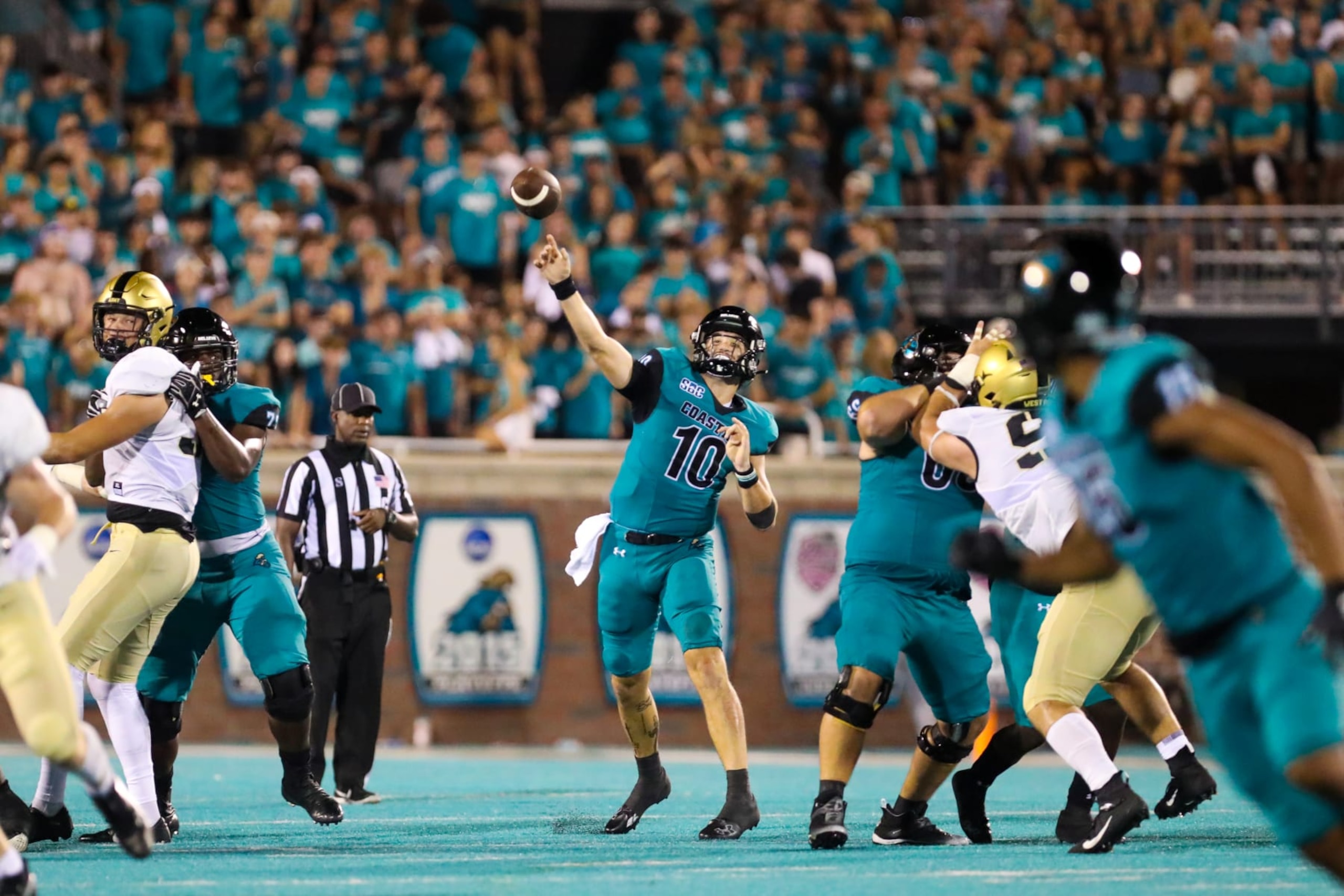 CONWAY, SC - SEPTEMBER 03: Grayson McCall (10) of the Coastal Carolina Chanticleers passes the ball during a football game between the Coastal Carolina Chanticleers and the Army Black Knights on September 3, 2022, at Brooks Stadium in Conway, SC. (Photo by David Jensen/Icon Sportswire via Getty Images)