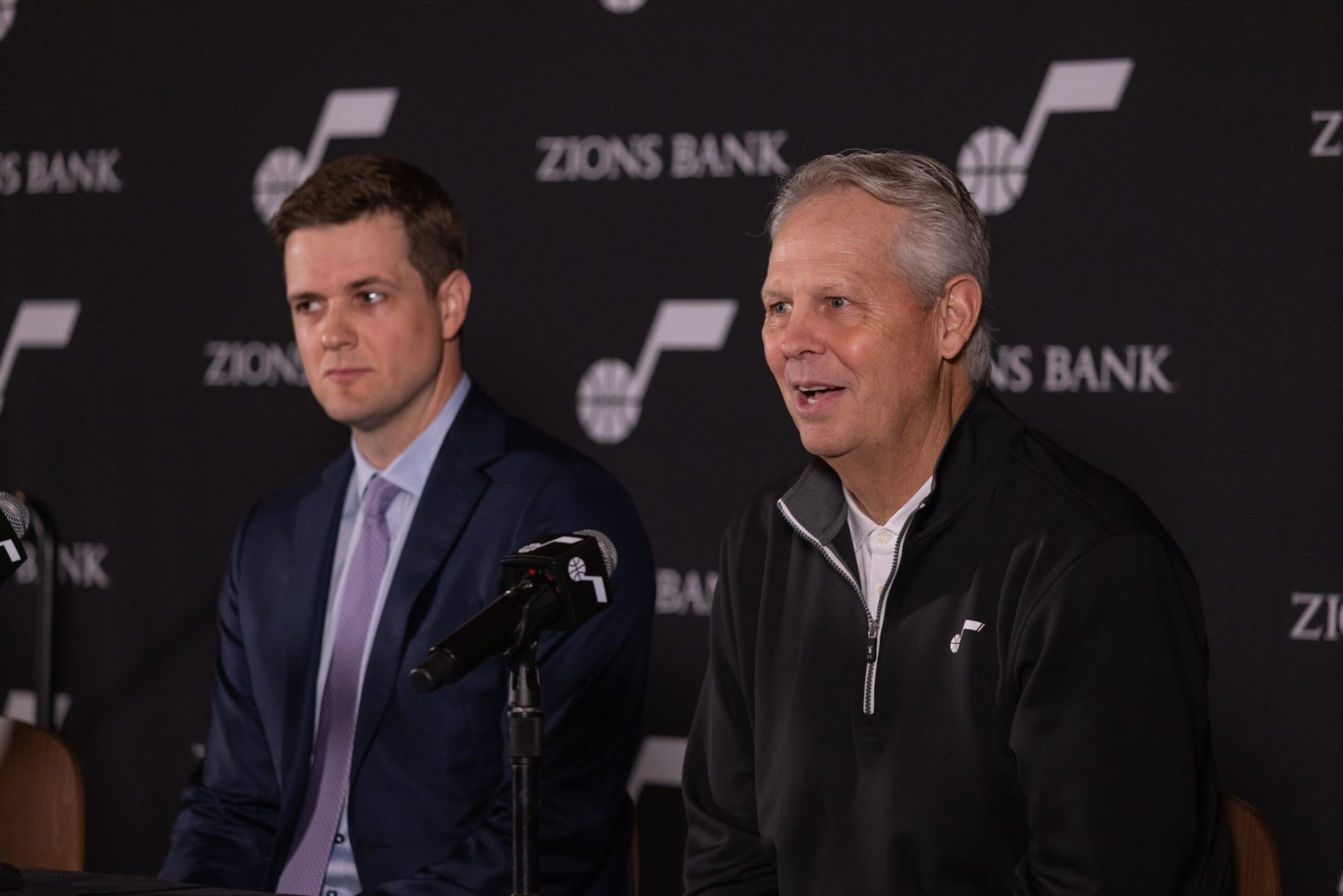 SALT LAKE CITY, UT - JULY 05:  Will Hardy Head Coach and Danny Ainge CEO of Basketball Operations of the Utah Jazz speak during a press conference about Will Hardy as the new Head Coach at vivint.SmartHome Arena on July 05, 2022 in Salt Lake City, Utah. NOTE TO USER: User expressly acknowledges and agrees that, by downloading and or using this Photograph, User is consenting to the terms and conditions of the Getty Images License Agreement. Mandatory Copyright Notice: Copyright 2022 NBAE (Photo by Melissa Majchrzak/NBAE via Getty Images)