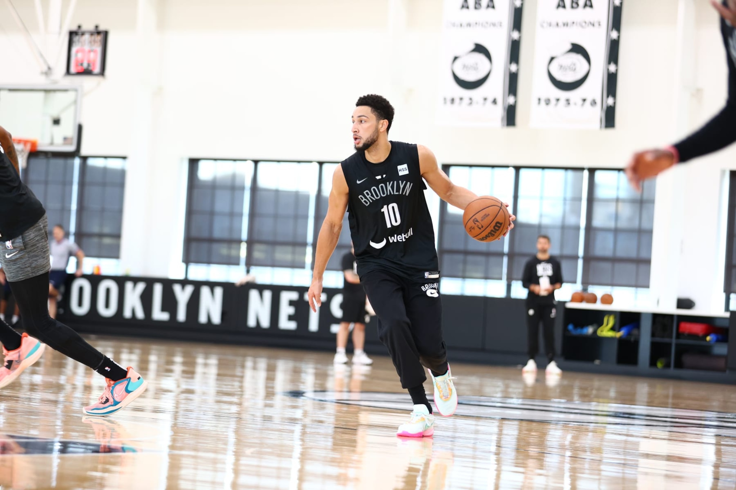 BROOKLYN, NY - OCTOBER 8: Ben Simmons #10 of the Brooklyn Nets dribbles the ball during an open practice on October 8, 2022 at HSS Training Center in Brooklyn, New York. NOTE TO USER: User expressly acknowledges and agrees that, by downloading and or using this Photograph, user is consenting to the terms and conditions of the Getty Images License Agreement. Mandatory Copyright Notice: Copyright 2022 NBAE (Photo by Nathaniel S. Butler/NBAE via Getty Images)