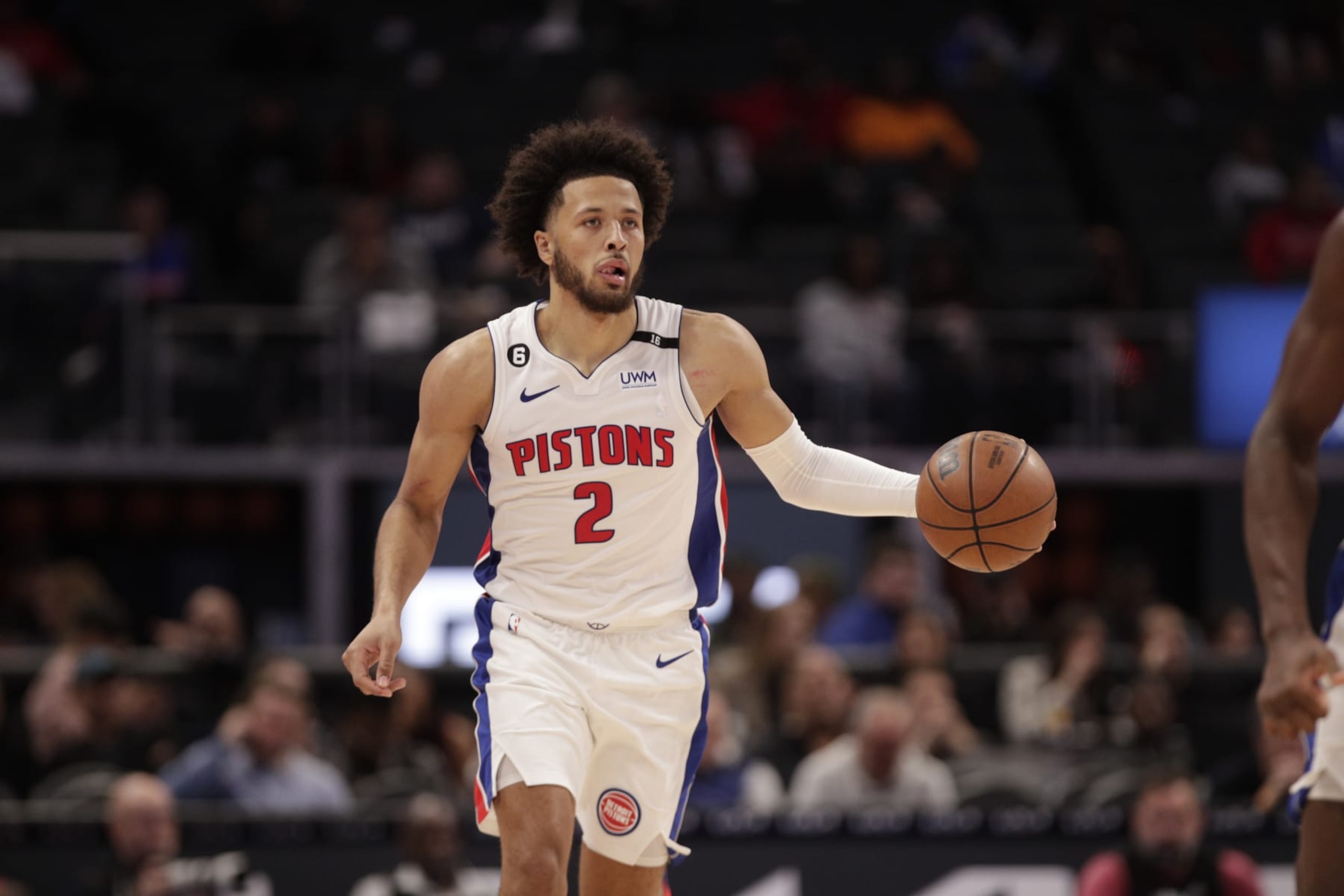 DETROIT, MI - OCTOBER 11: Cade Cunningham #2 of the Detroit Pistons handles the ball during a preseason game against the Oklahoma City Thunder on October 11, 2022 at Little Caesars Arena in Detroit, Michigan. NOTE TO USER: User expressly acknowledges and agrees that, by downloading and/or using this photograph, User is consenting to the terms and conditions of the Getty Images License Agreement. Mandatory Copyright Notice: Copyright 2022 NBAE (Photo by Brian Sevald/NBAE via Getty Images)