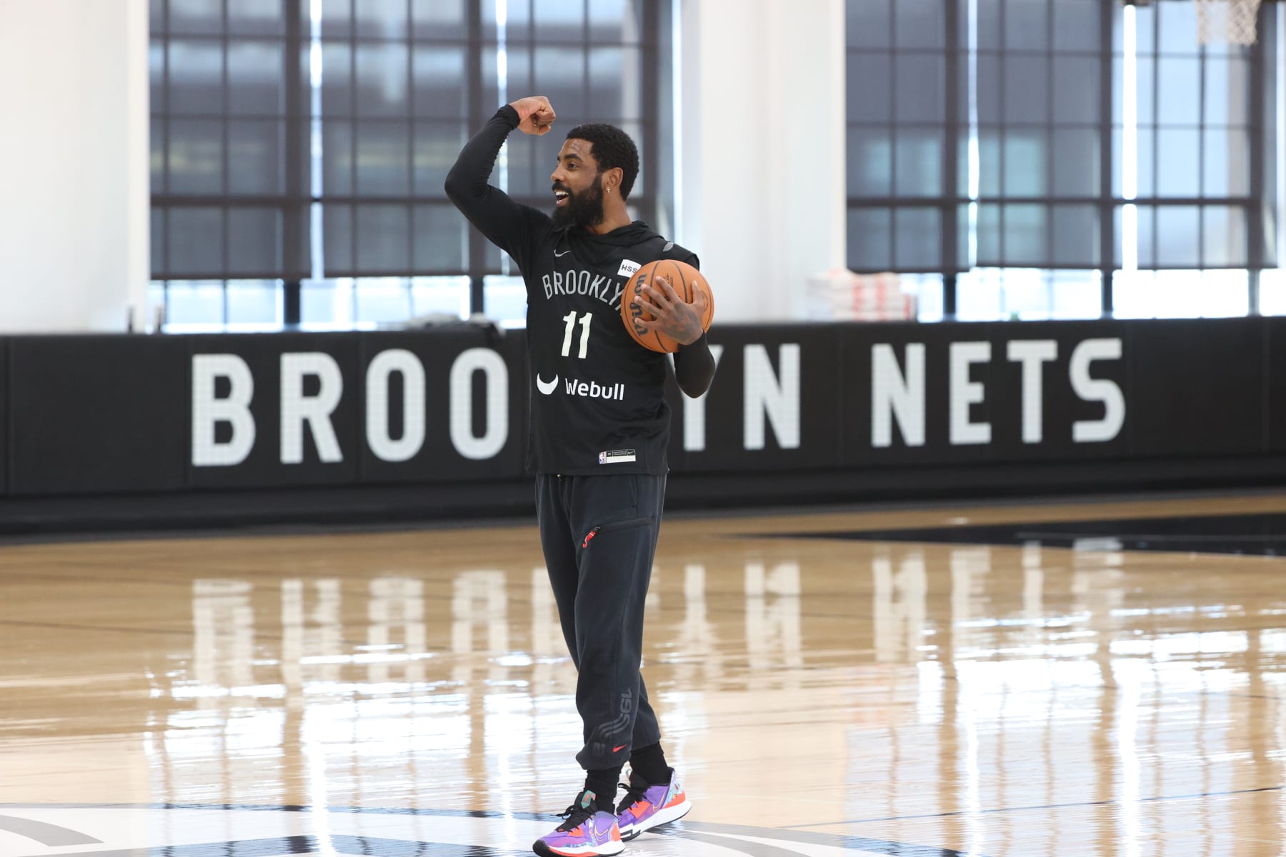 BROOKLYN, NY - OCTOBER 8: Kyrie Irving #11 of the Brooklyn Nets dribbles the ball during an open practice on October 8, 2022 at HSS Training Center in Brooklyn, New York. NOTE TO USER: User expressly acknowledges and agrees that, by downloading and or using this Photograph, user is consenting to the terms and conditions of the Getty Images License Agreement. Mandatory Copyright Notice: Copyright 2022 NBAE (Photo by Nathaniel S. Butler/NBAE via Getty Images)