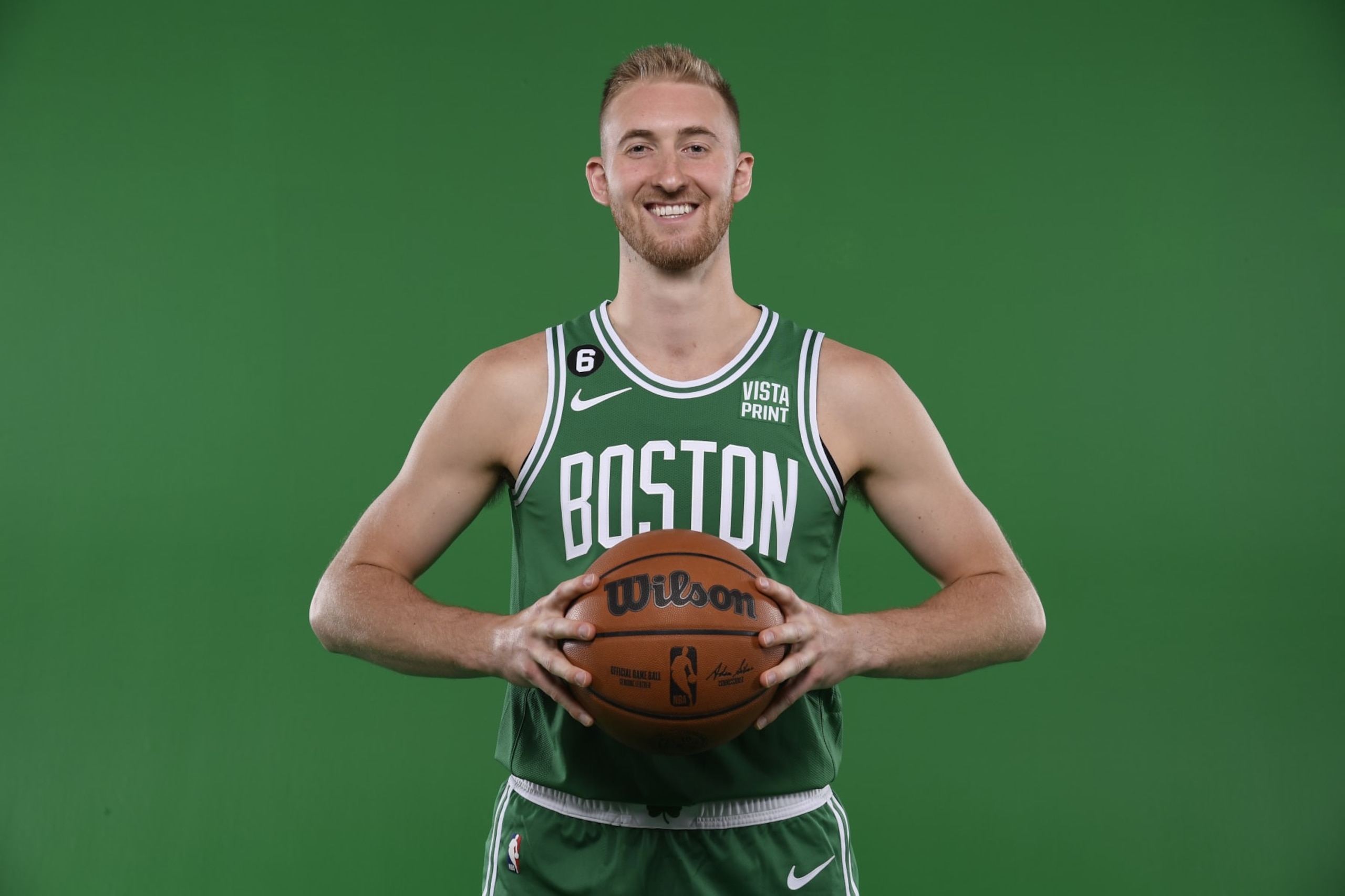 CANTON, MA - SEPTEMBER 26: Sam Hauser #30 of the Boston Celtics poses for a portrait on September 26, 2022 at High Output Studios in Canton, Massachusetts.  NOTE TO USER: User expressly acknowledges and agrees that, by downloading and or using this photograph, User is consenting to the terms and conditions of the Getty Images License Agreement. Mandatory Copyright Notice: Copyright 2022 NBAE  (Photo by Brian Babineau/NBAE via Getty Images)