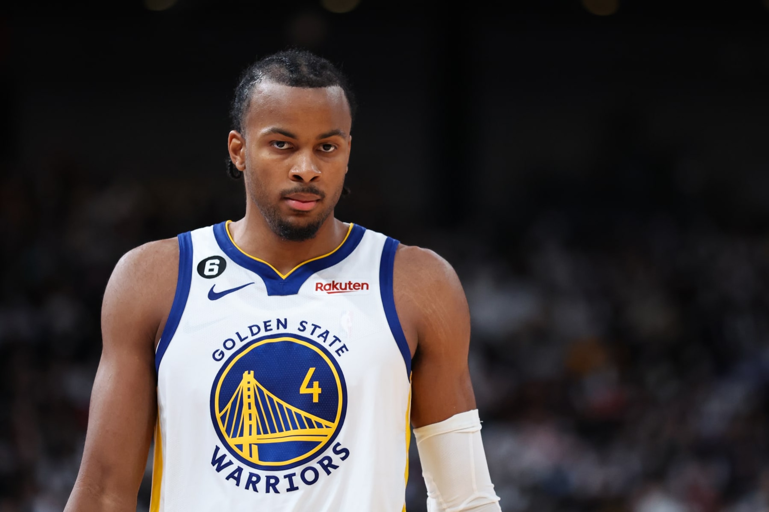 SAITAMA, JAPAN - SEPTEMBER 30: Moses Moody #4 of the Golden State Warriors looks on during the Golden State Warriors v Washington Wizards - NBA Japan Games at the Saitama Super Arena on September 30, 2022 in Saitama, Japan. NOTE TO USER: User expressly acknowledges and agrees that, by downloading and or using this photograph, User is consenting to the terms and conditions of the Getty Images License Agreement. (Photo by Takashi Aoyama/Getty Images)