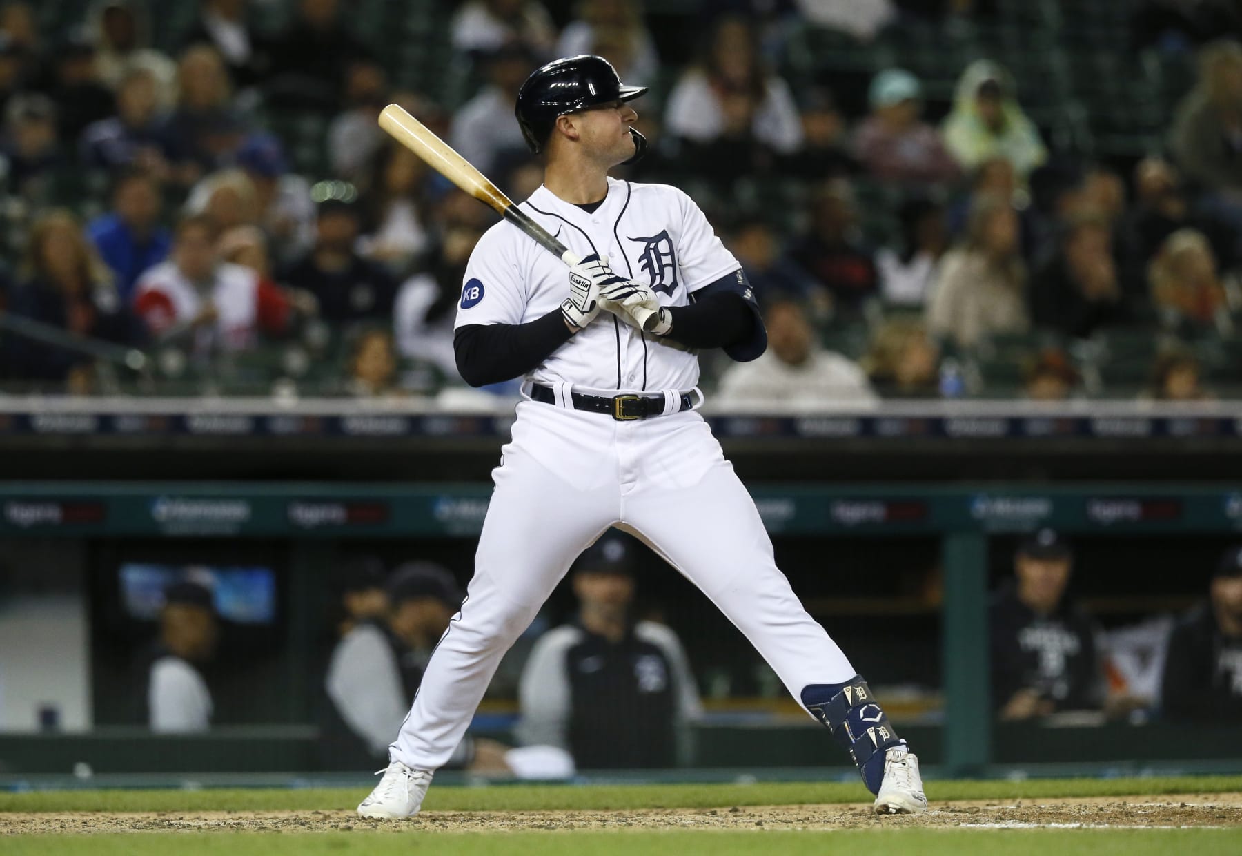 DETROIT, MI -  SEPTEMBER 30:  Spencer Torkelson #20 of the Detroit Tigers is left standing at the plate after being called out on strikes against the Minnesota Twins during the sixth inning at Comerica Park on September 30, 2022, in Detroit, Michigan. (Photo by Duane Burleson/Getty Images)