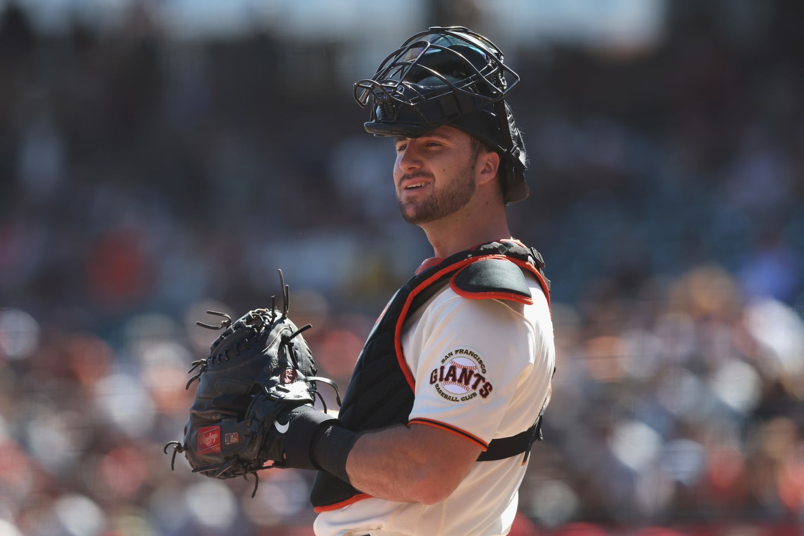 SAN FRANCISCO, CALIFORNIA - OCTOBER 02: Catcher Joey Bart #21 of the San Francisco Giants looks on during the game against the Arizona Diamondbacks at Oracle Park on October 02, 2022 in San Francisco, California. (Photo by Lachlan Cunningham/Getty Images)