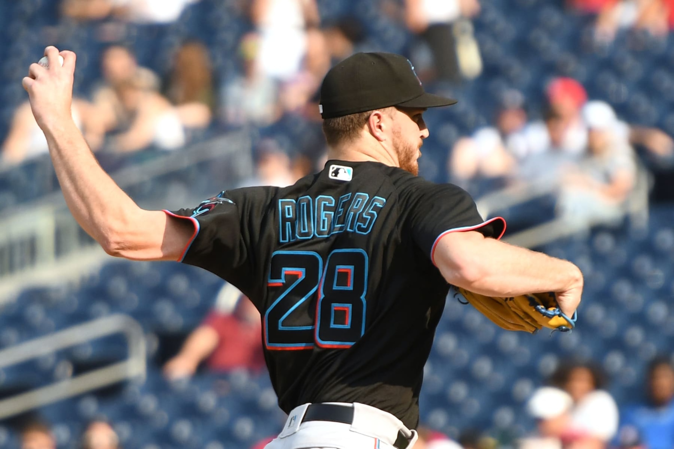 WASHINGTON, DC - SEPTEMBER 17: Trevor Rogers #28 of the Miami Marlins pitches in the first inning during a baseball game against the Washington Nationals at Nationals Parks on September 17, 2022 in Washington, DC. (Photo by Mitchell Layton/Getty Images)