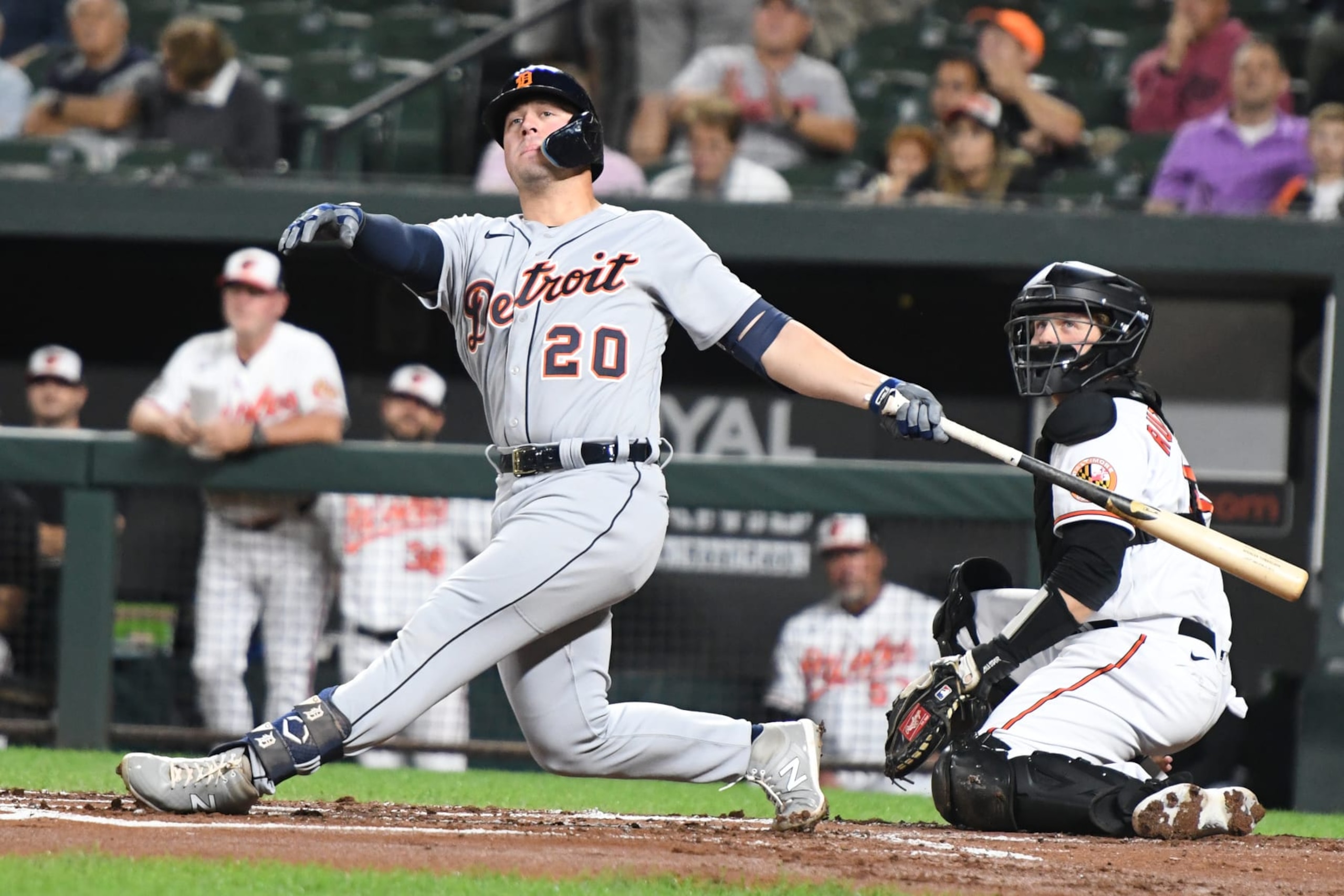 BALTIMORE, MD - SEPTEMBER 20:  Spencer Torkelson #20 of the Detroit Tigers takes a swing during a baseball game against the Baltimore Orioles at Oriole Park at Camden Yards on September 20, 2022 in Baltimore, Maryland.  (Photo by Mitchell Layton/Getty Images)