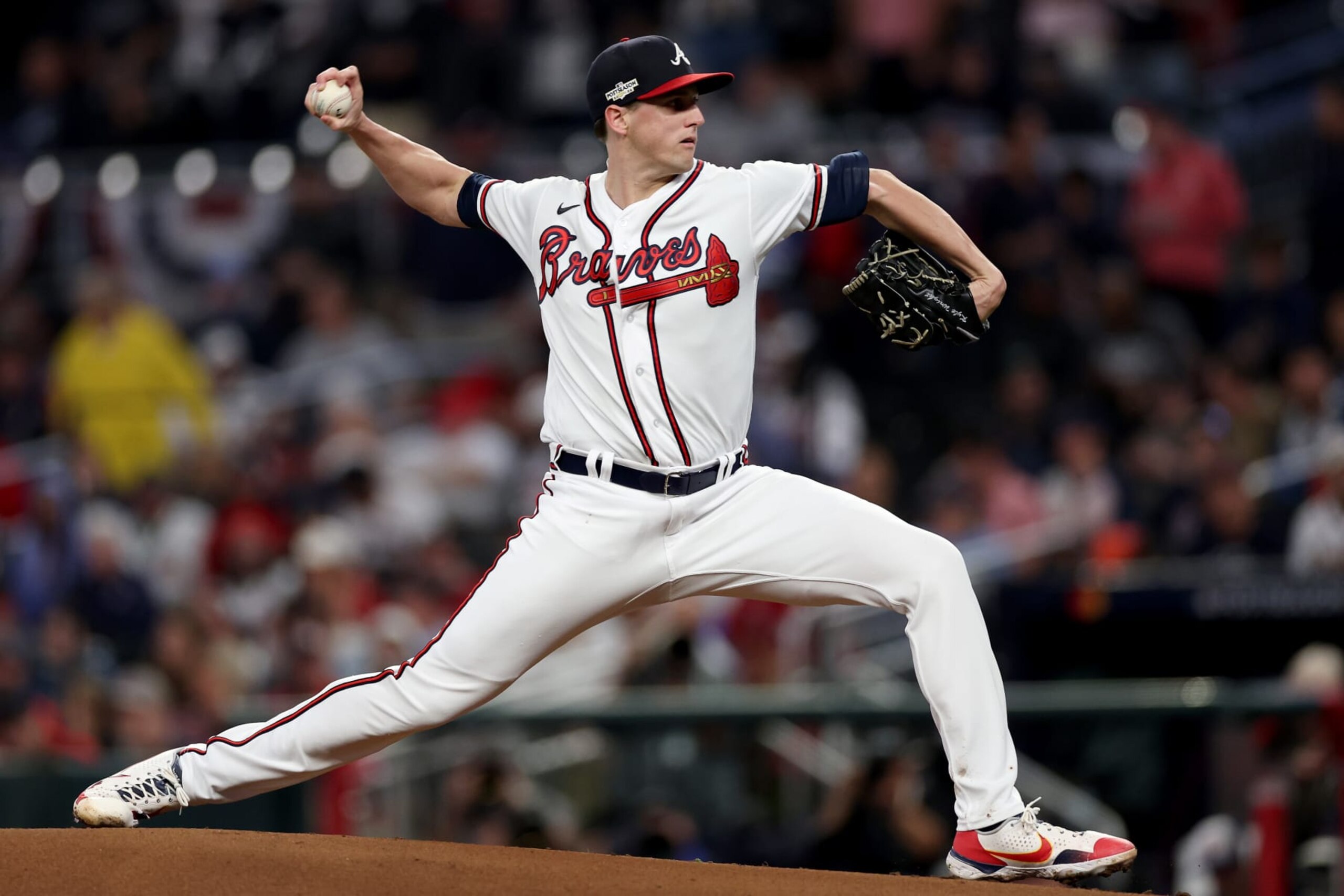 ATLANTA, GEORGIA - OCTOBER 12: Kyle Wright #30 of the Atlanta Braves delivers a pitch against the Philadelphia Phillies during the first inning in game two of the National League Division Series at Truist Park on October 12, 2022 in Atlanta, Georgia. (Photo by Patrick Smith/Getty Images)