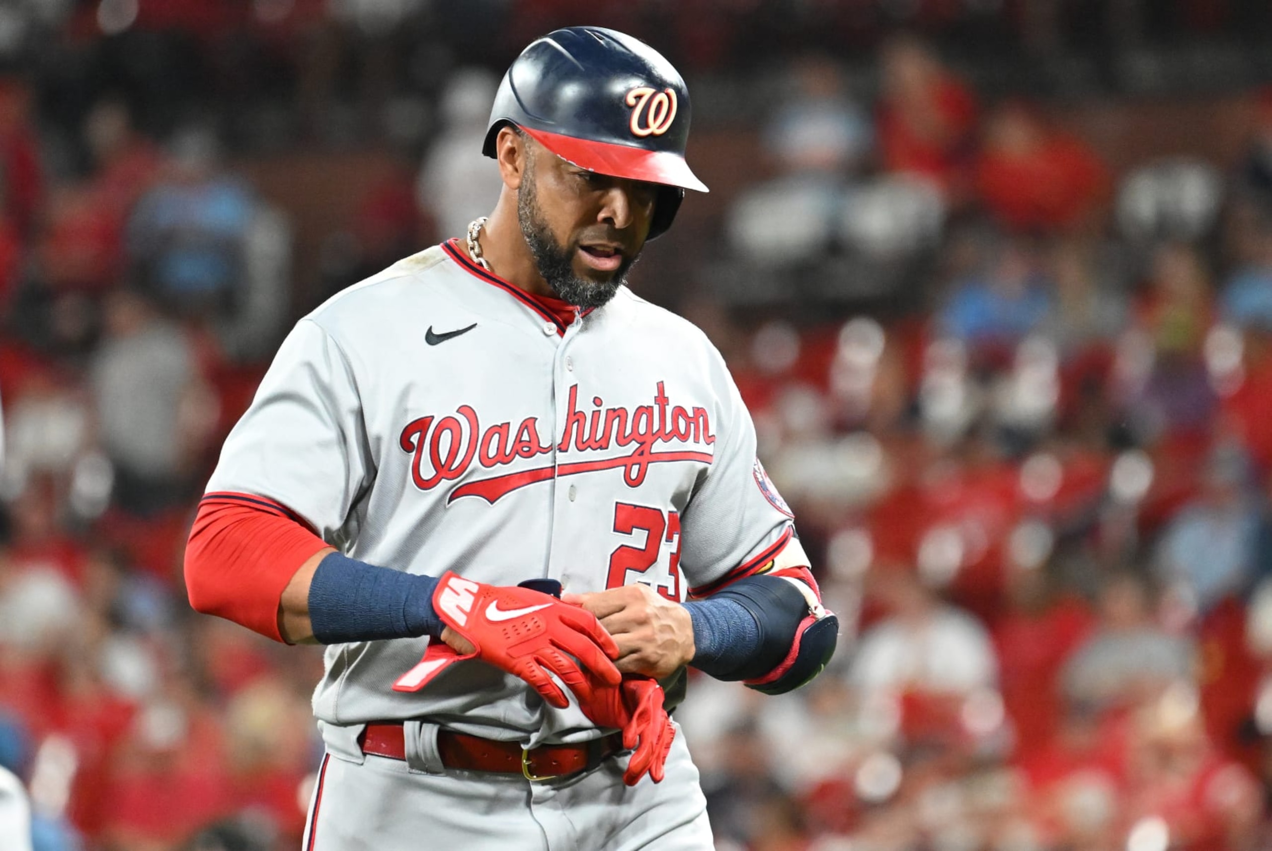 ST. LOUIS, MO - SEPTEMBER 06: Washington Nationals designated hitter Nelson Cruz (23) as seen after grounding into a double play during a MLB game between the Washington Nationals and the St. Louis Cardinals, September 06, 2022, at Busch Stadium, St. Louis, MO. Photo by Keith Gillett/Icon Sportswire via Getty Images),