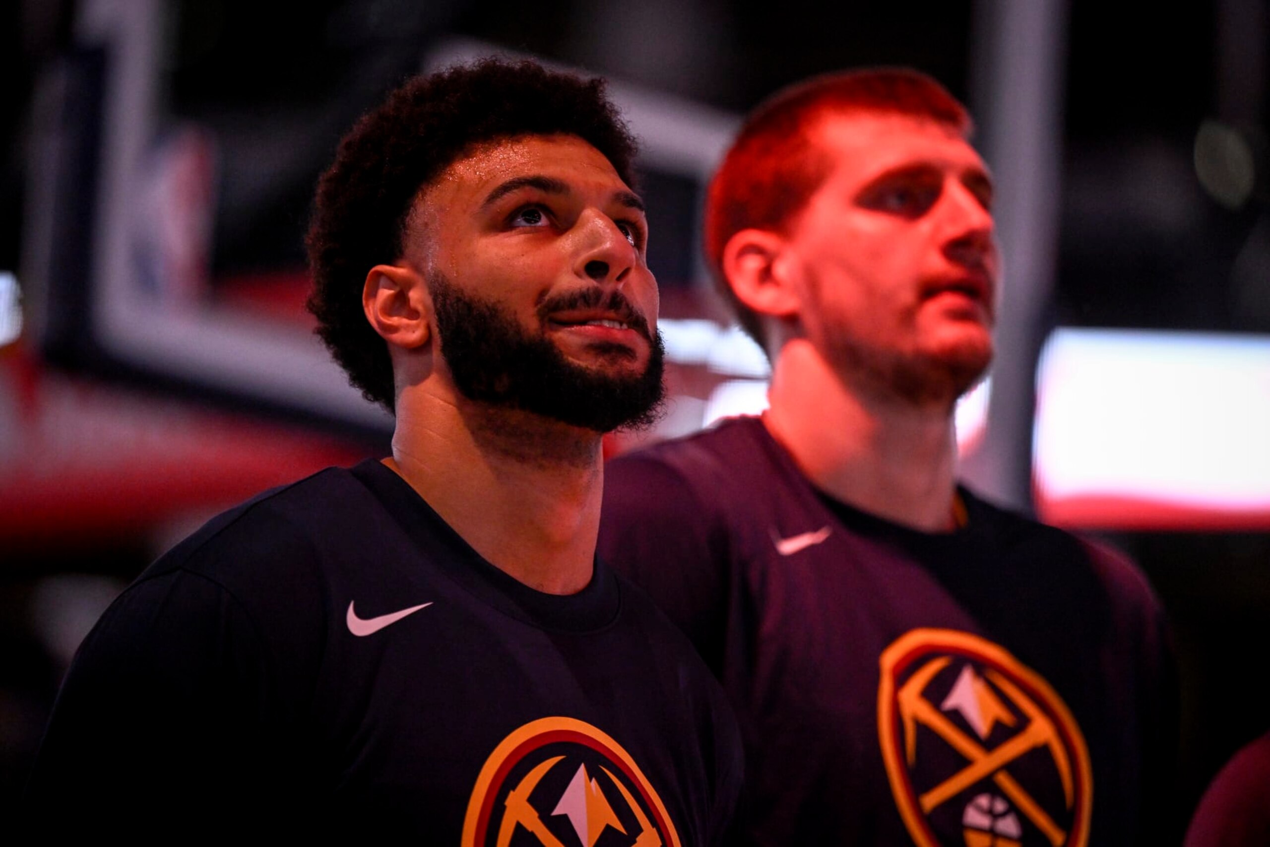 DENVER, CO - OCTOBER 3: Jamal Murray (27) and Nikola Jokic (15) stand for the national anthem during the first quarter against the Oklahoma City Thunder on Monday, October 3, 2022. (Photo by AAron Ontiveroz/MediaNews Group/The Denver Post via Getty Images)