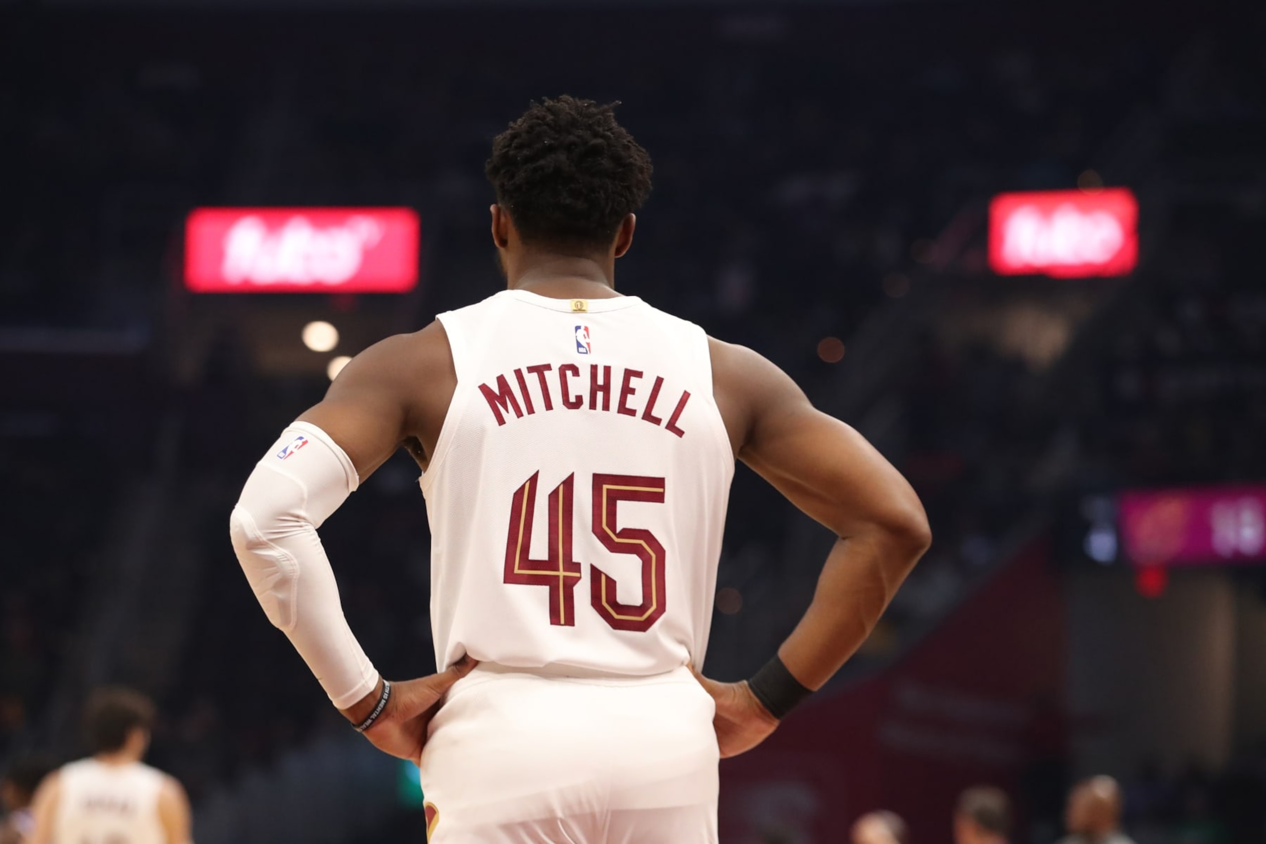 CLEVELAND, OH - OCTOBER 10: Donovan Mitchell #45 of the Cleveland Cavaliers looks on during the game against the Philadelphia 76ers on October 10, 2022 at Rocket Mortgage FieldHouse in Cleveland, Ohio. NOTE TO USER: User expressly acknowledges and agrees that, by downloading and/or using this Photograph, user is consenting to the terms and conditions of the Getty Images License Agreement. Mandatory Copyright Notice: Copyright 2022 NBAE (Photo by  Lauren Bacho/NBAE via Getty Images)