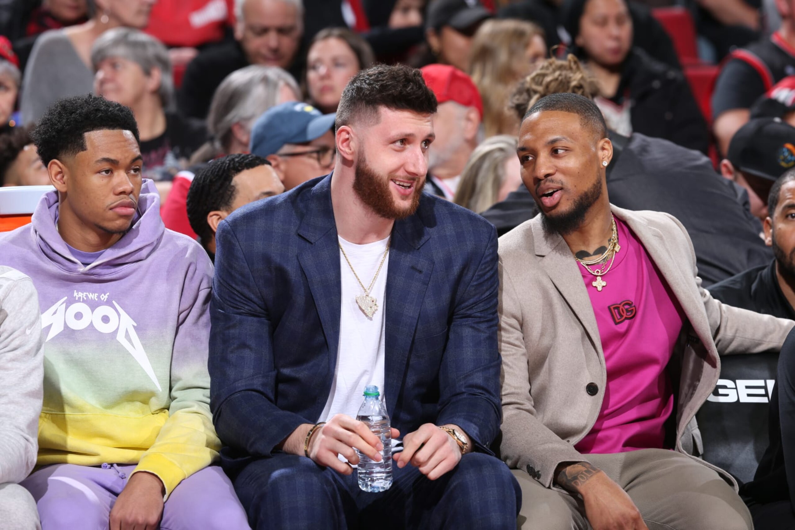 PORTLAND, OR - APRIL 10: Anfernee Simons #1, Jusuf Nurkic #27 and Damian Lillard #0 of the Portland Trail Blazers talk during the game against the Utah Jazz on April10, 2022 at the Moda Center Arena in Portland, Oregon. NOTE TO USER: User expressly acknowledges and agrees that, by downloading and or using this photograph, user is consenting to the terms and conditions of the Getty Images License Agreement. Mandatory Copyright Notice: Copyright 2022 NBAE (Photo by Sam Forencich/NBAE via Getty Images)