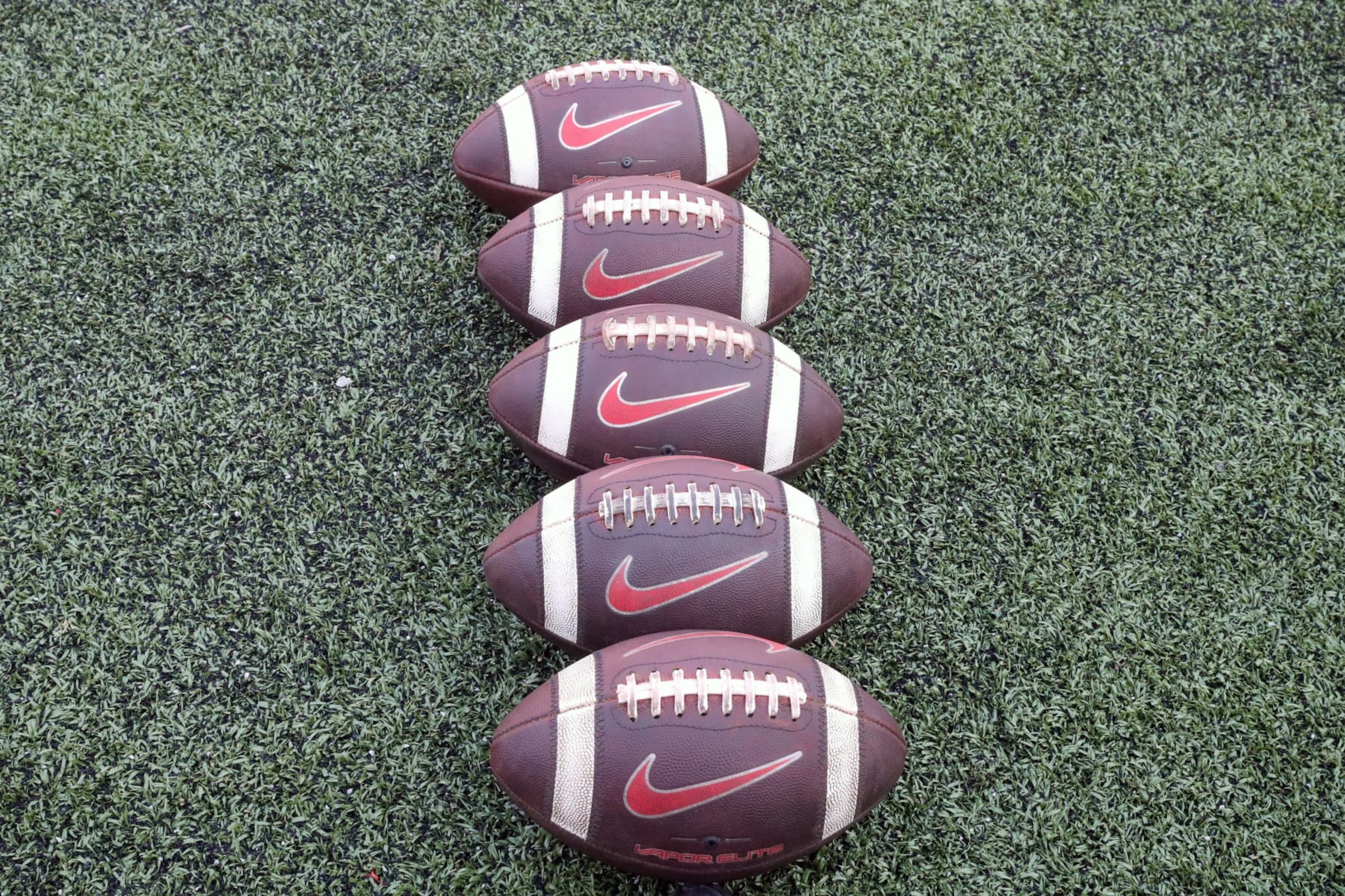 COLUMBUS, OH - SEPTEMBER 17: Footballs sit on the turf prior to the college football game between the Toledo Rockets and Ohio State Buckeyes on September 17, 2022, at Ohio Stadium in Columbus, OH. (Photo by Frank Jansky/Icon Sportswire via Getty Images)