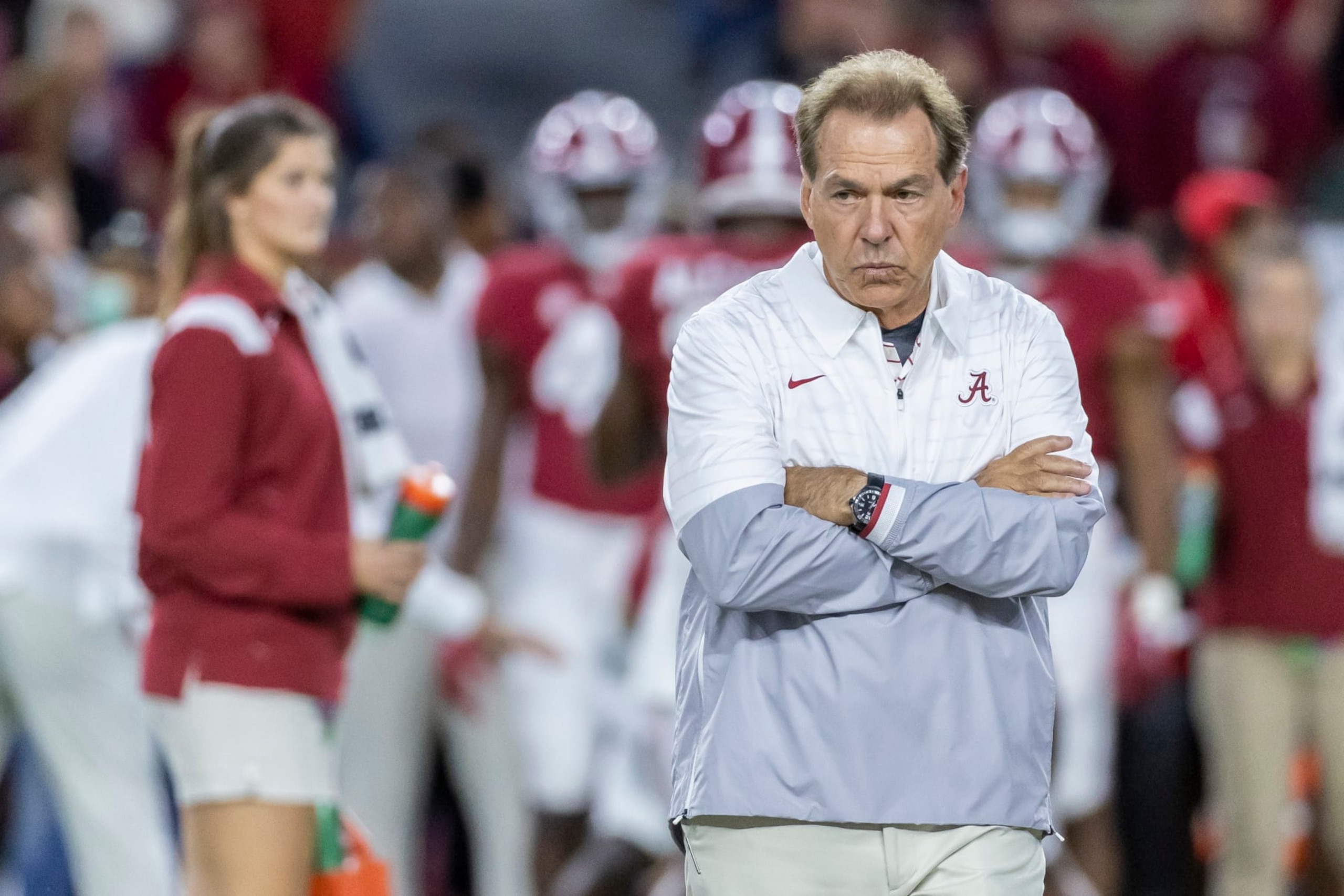 Alabama head coach Nick Saban looks toward the Texas A&M side in warmups before an NCAA college football game, Saturday, Oct. 8, 2022, in Tuscaloosa, Ala. (AP Photo/Vasha Hunt)