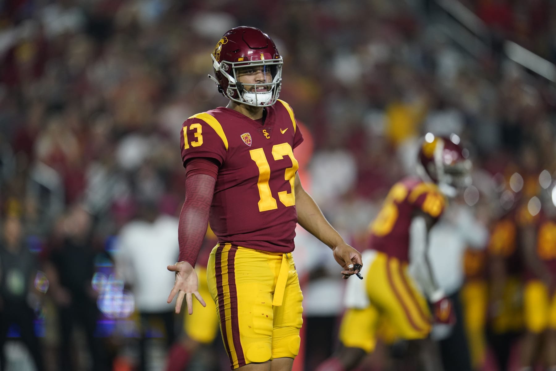 Southern California quarterback Caleb Williams (13) signals during the second half of an NCAA college football game against Washington State Saturday, Oct. 8, 2022, in Los Angeles. (AP Photo/Marcio Jose Sanchez)