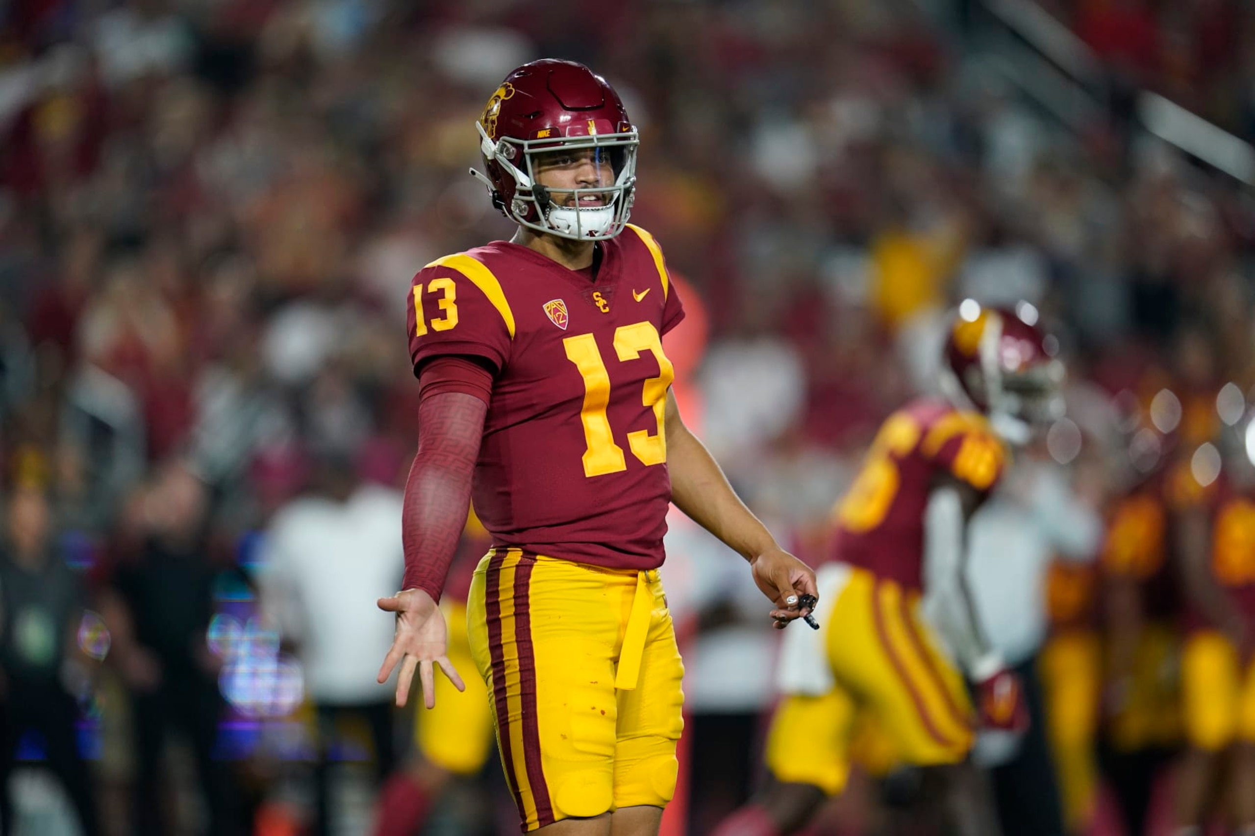 Southern California quarterback Caleb Williams (13) signals during the second half of an NCAA college football game against Washington State Saturday, Oct. 8, 2022, in Los Angeles. (AP Photo/Marcio Jose Sanchez)