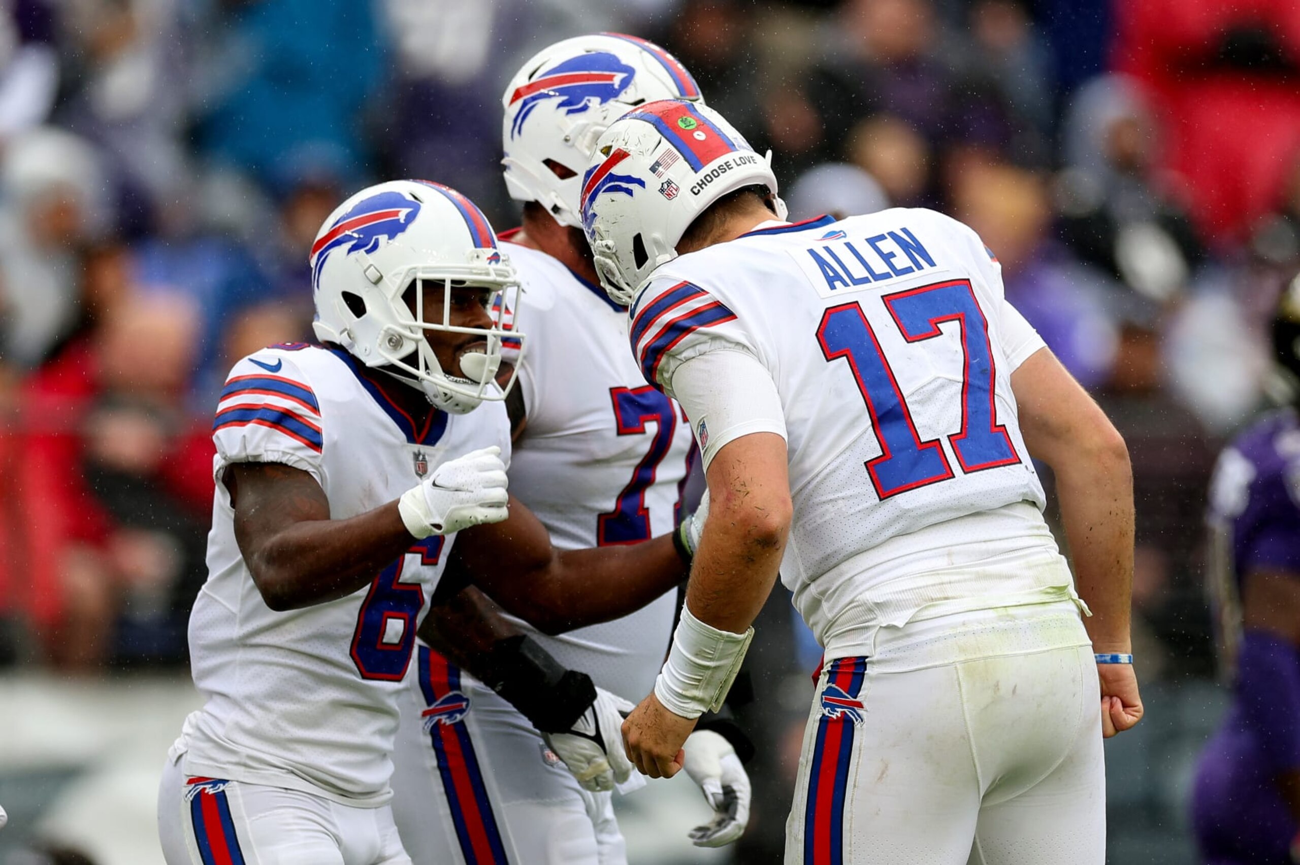 BALTIMORE, MARYLAND - OCTOBER 02: Isaiah McKenzie #6 and Josh Allen #17 of the Buffalo Bills celebrate after scoring a touchdown in the second quarter against the Baltimore Ravens at M&T Bank Stadium on October 02, 2022 in Baltimore, Maryland. (Photo by Rob Carr/Getty Images)