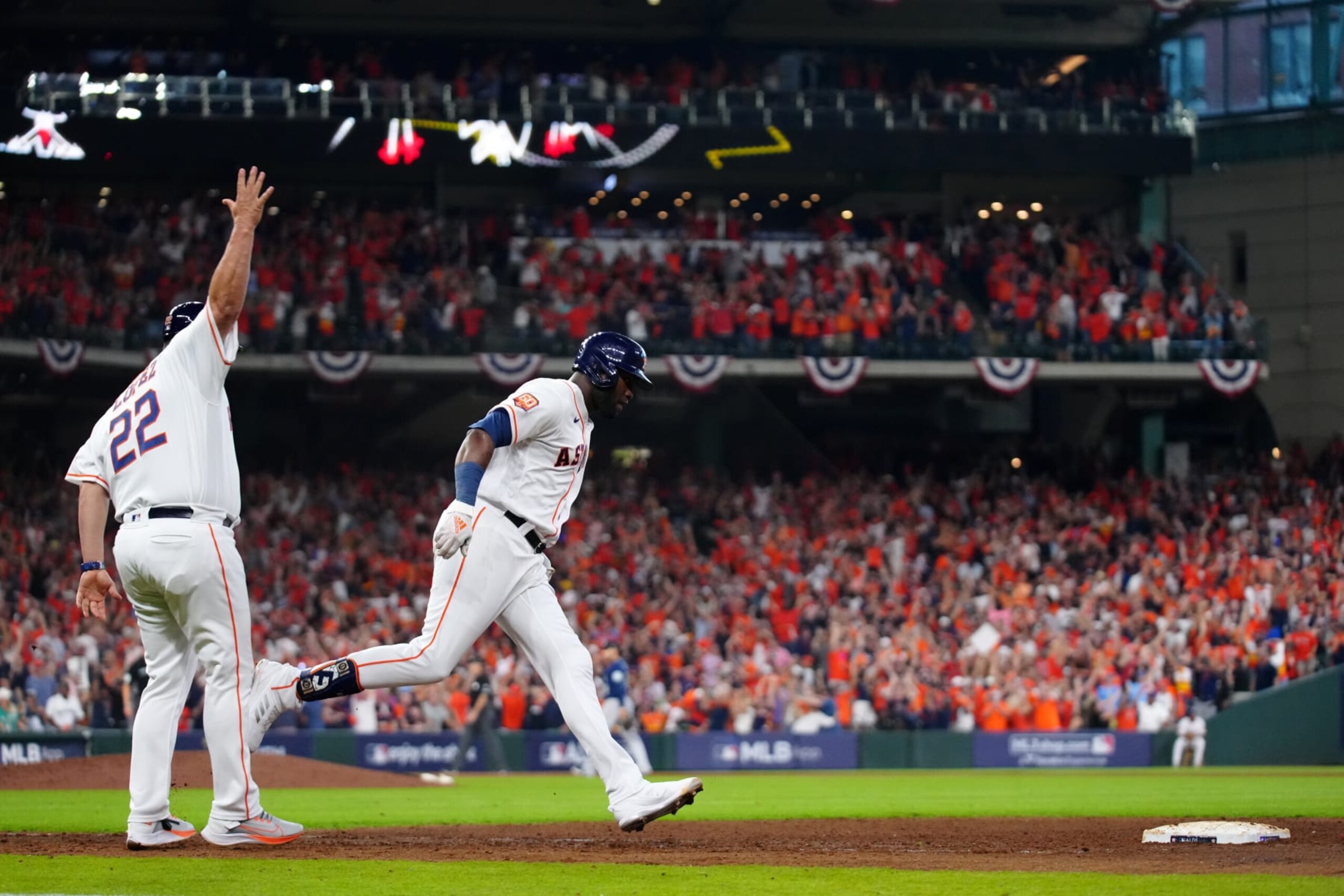 HOUSTON, TX - OCTOBER 11: Yordan Alvarez #44 of the Houston Astros celebrates after hitting a walk off three-run home run during the game between the Seattle Mariners and the Houston Astros at Minute Maid Park on Tuesday, October 11, 2022 in Houston, Texas. (Photo by Daniel Shirey/MLB Photos via Getty Images)