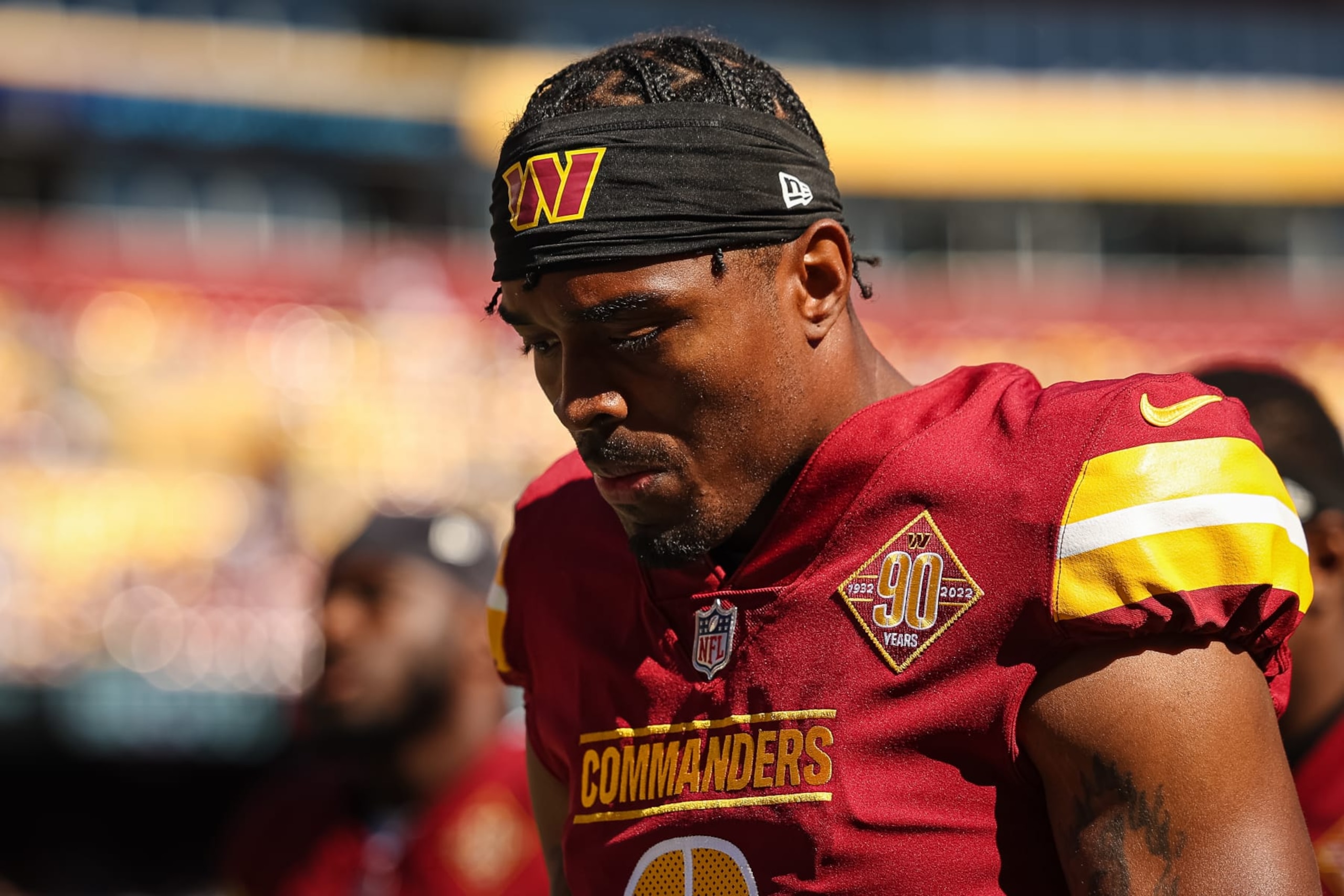 LANDOVER, MD - OCTOBER 09: William Jackson III #3 of the Washington Commanders looks on against the Tennessee Titans during the first half of the game at FedExField on October 9, 2022 in Landover, Maryland. (Photo by Scott Taetsch/Getty Images)