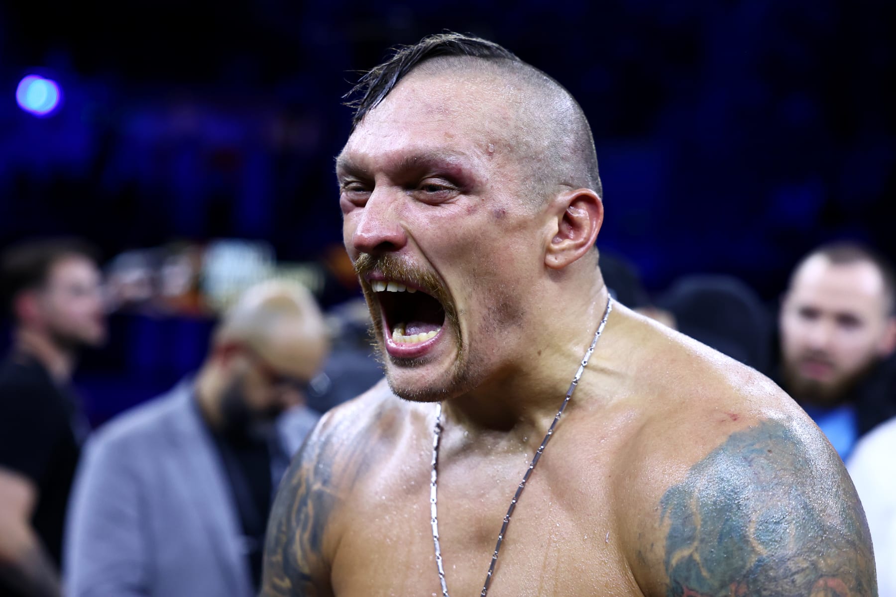 JEDDAH, SAUDI ARABIA - AUGUST 20: Oleksandr Usyk celebrates after their victory over Anthony Joshua in their World Heavyweight Championship fight during the Rage on the Red Sea Heavyweight Title Fight at King Abdullah Sports City Arena on August 20, 2022 in Jeddah, Saudi Arabia. (Photo by Francois Nel/Getty Images)