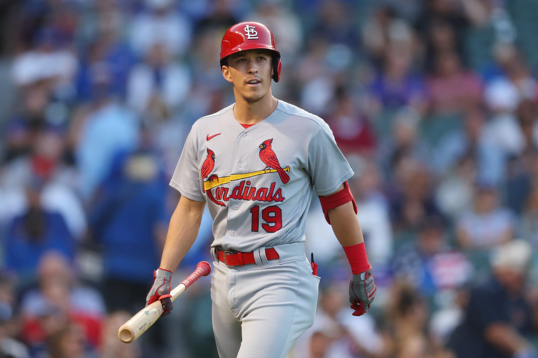 CHICAGO, ILLINOIS - AUGUST 22: Tommy Edman #19 of the St. Louis Cardinals reacts after striking out during the first inning against the Chicago Cubs at Wrigley Field on August 22, 2022 in Chicago, Illinois. (Photo by Michael Reaves/Getty Images)