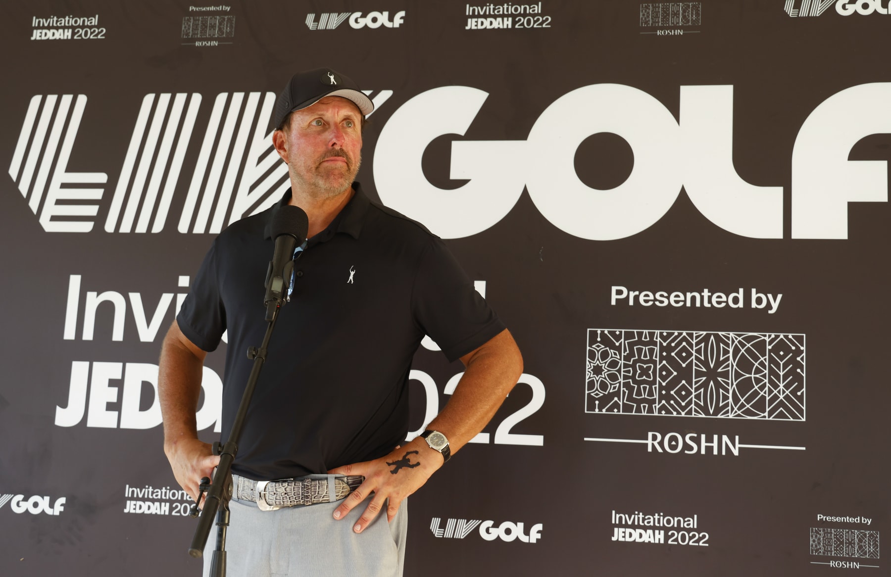 JEDDAH, SAUDI ARABIA - OCTOBER 13: Team Captain Phil Mickelson of Hy Flyers GC speaks to the media during a press conference after the pro-am prior to the LIV Golf Invitational - Jeddah at Royal Greens Golf & Country Club on October 13, 2022 in King Abdullah Economic City, Saudi Arabia. (Photo by Chris Trotman/LIV Golf via Getty Images)