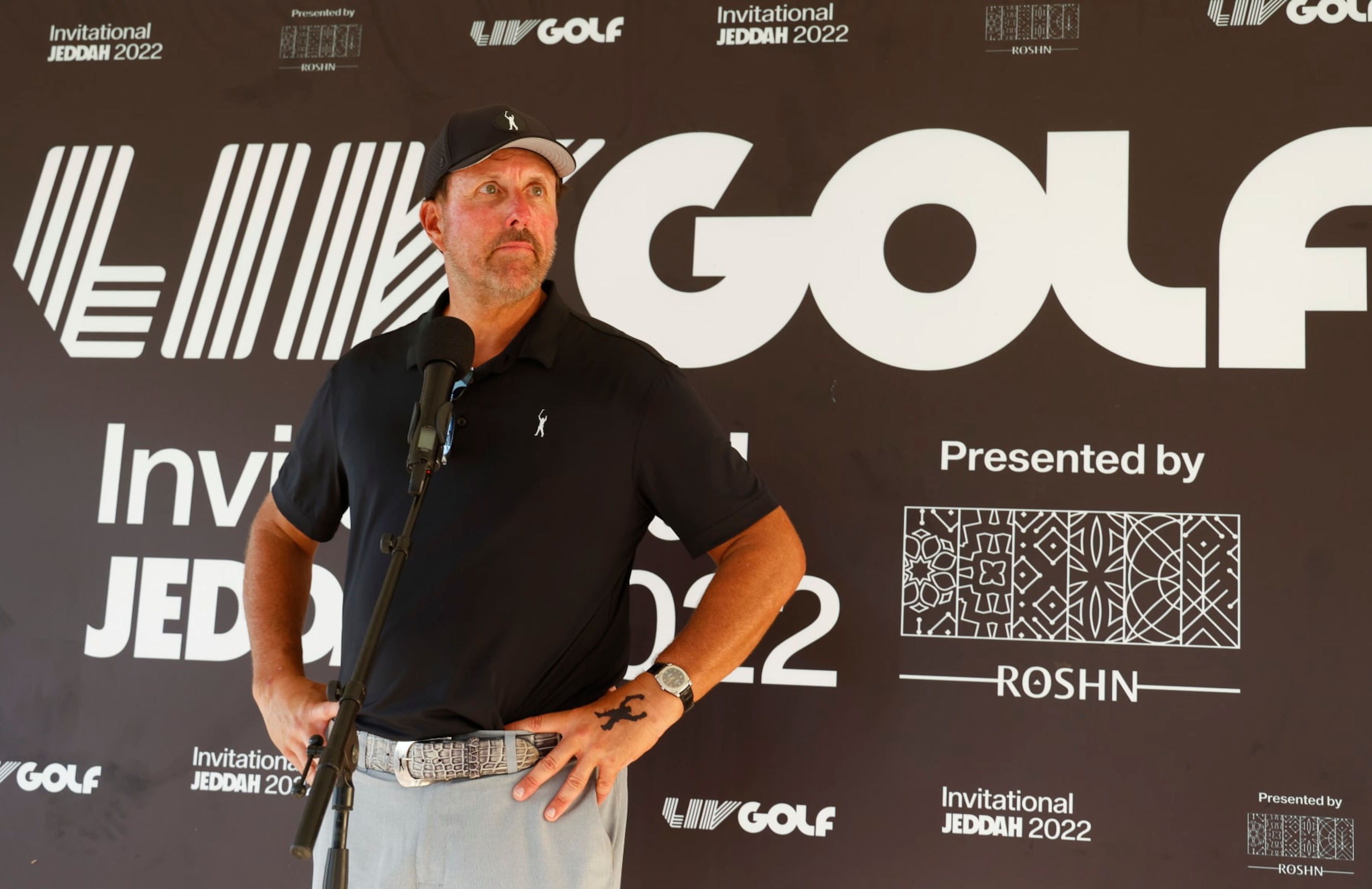 JEDDAH, SAUDI ARABIA - OCTOBER 13: Team Captain Phil Mickelson of Hy Flyers GC speaks to the media during a press conference after the pro-am prior to the LIV Golf Invitational - Jeddah at Royal Greens Golf & Country Club on October 13, 2022 in King Abdullah Economic City, Saudi Arabia. (Photo by Chris Trotman/LIV Golf via Getty Images)