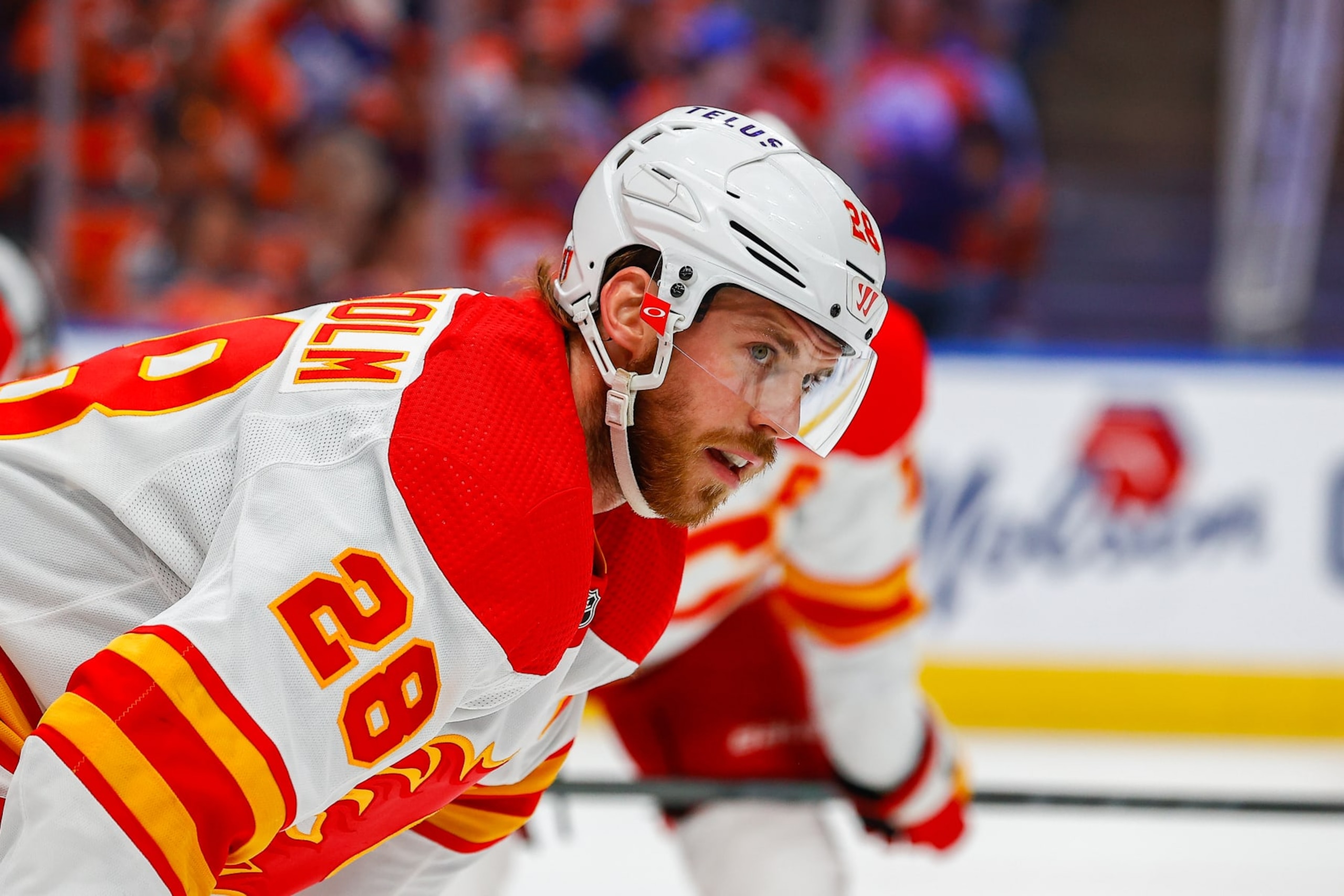 EDMONTON, AB - MAY 22: Calgary Flames Center Elias Lindholm (28) in action in the first period during the Edmonton Oilers versus the Calgary Flames in the Stanley Cup playoffs round 2, game 3 on May 22, 2022 at Rogers Place in Edmonton, AB. (Photo by Curtis Comeau/Icon Sportswire via Getty Images)