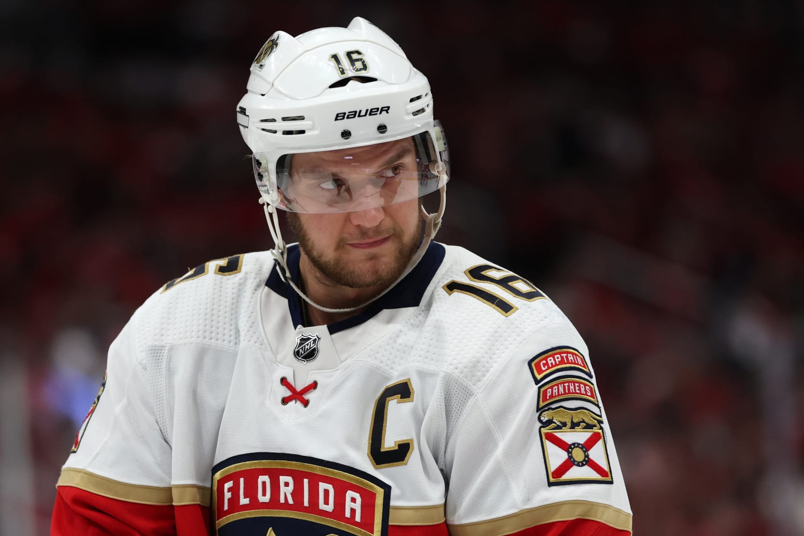 WASHINGTON, DC - MAY 13: Aleksander Barkov #16 of the Florida Panthers looks on against the Washington Capitals during the first period in Game Six of the First Round of the 2022 Stanley Cup Playoffs at Capital One Arena on May 13, 2022 in Washington, DC. (Photo by Patrick Smith/Getty Images)