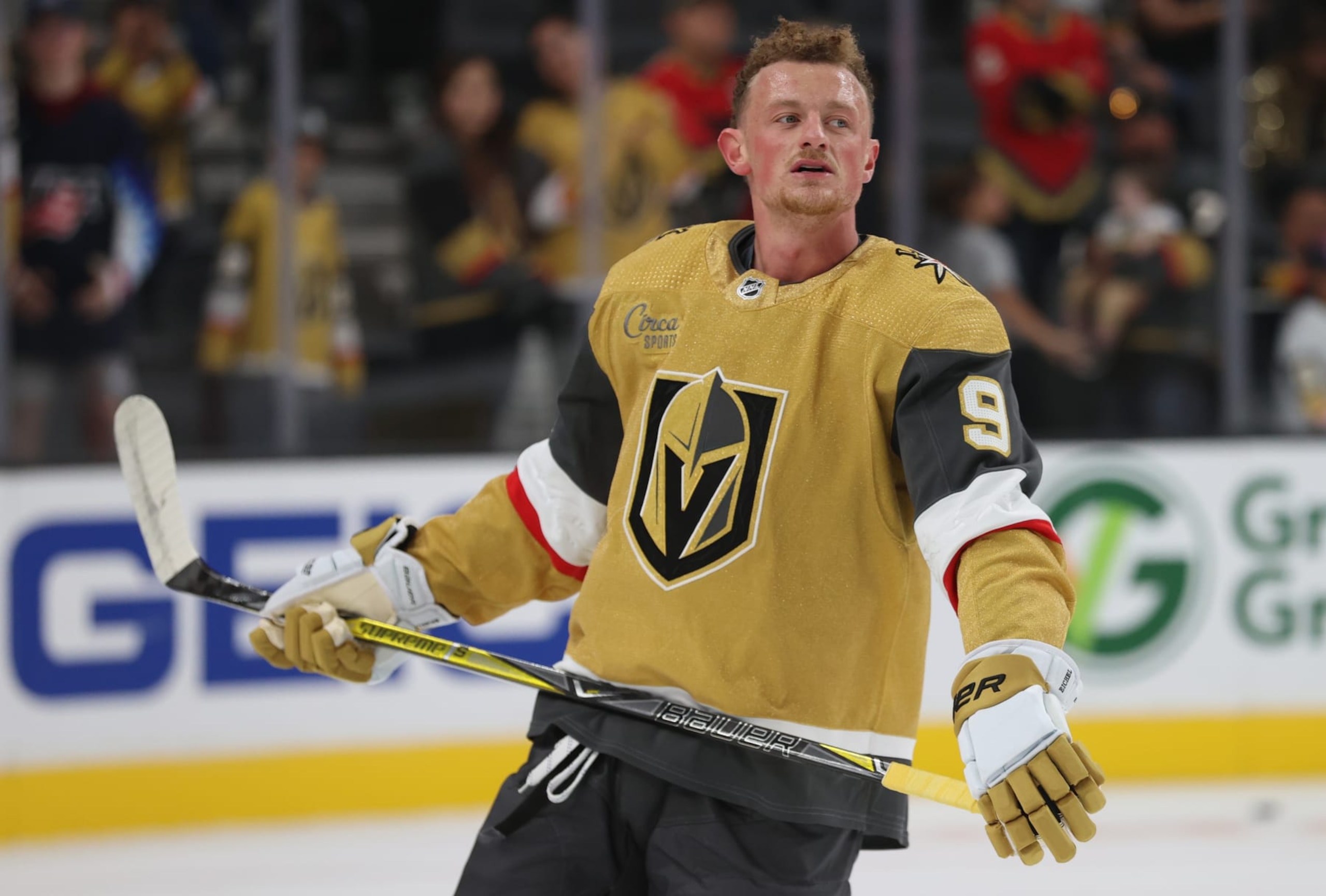 LAS VEGAS, NEVADA - SEPTEMBER 30: Jack Eichel #9 of the Vegas Golden Knights warms up prior to a game against the San Jose Sharks in a preseason game at T-Mobile Arena on September 30, 2022 in Las Vegas, Nevada. (Photo by Zak Krill/NHLI via Getty Images)