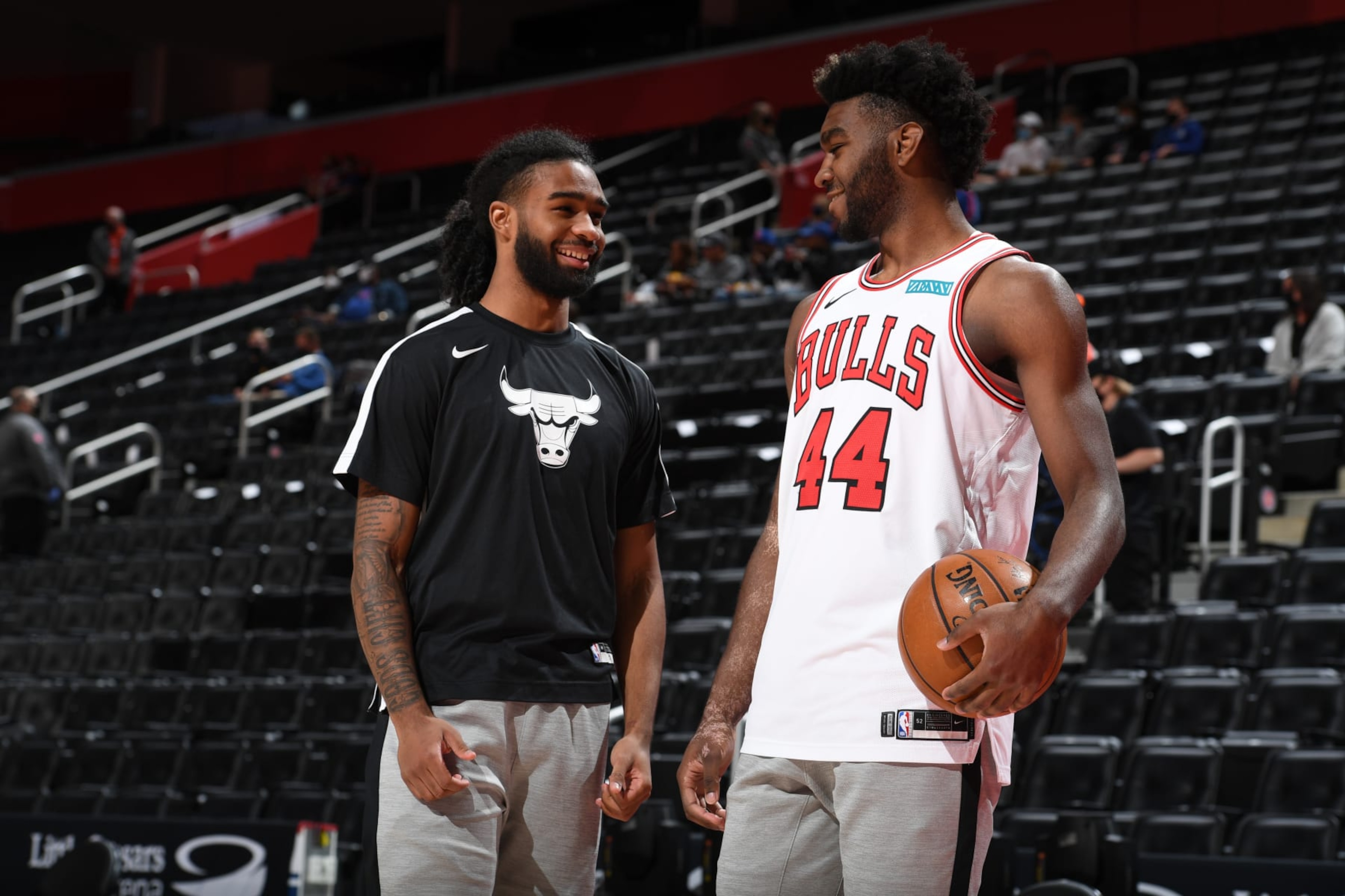 DETROIT, MI - MAY 9: Coby White #0 and Patrick Williams #44 of the Chicago Bulls smile before the game against the Detroit Pistons on May 9, 2021 at Little Caesars Arena in Detroit, Michigan. NOTE TO USER: User expressly acknowledges and agrees that, by downloading and/or using this photograph, User is consenting to the terms and conditions of the Getty Images License Agreement. Mandatory Copyright Notice: Copyright 2021 NBAE (Photo by Chris Schwegler/NBAE via Getty Images) DETROIT, MI - MAY 9: Coby White #0 and Patrick Williams #44 of the Chicago Bulls smile before the game against the Detroit Pistons on May 9, 2021 at Little Caesars Arena in Detroit, Michigan. NOTE TO USER: User expressly acknowledges and agrees that, by downloading and/or using this photograph, User is consenting to the terms and conditions of the Getty Images License Agreement. Mandatory Copyright Notice: Copyright 2021 NBAE (Photo by Chris Schwegler/NBAE via Getty Images)